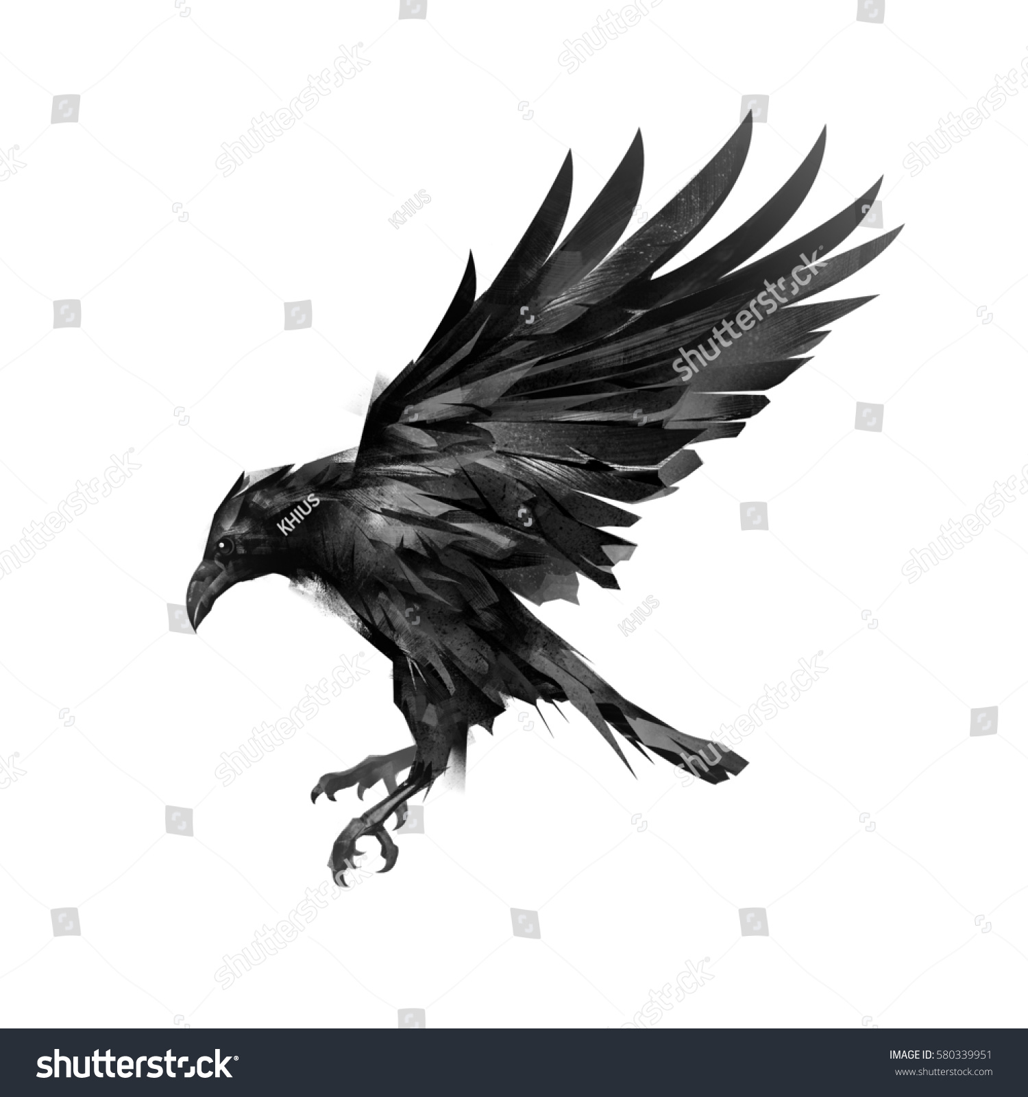 Drawing Sketch Flying Black Crow On Stock Illustration 580339951 ...