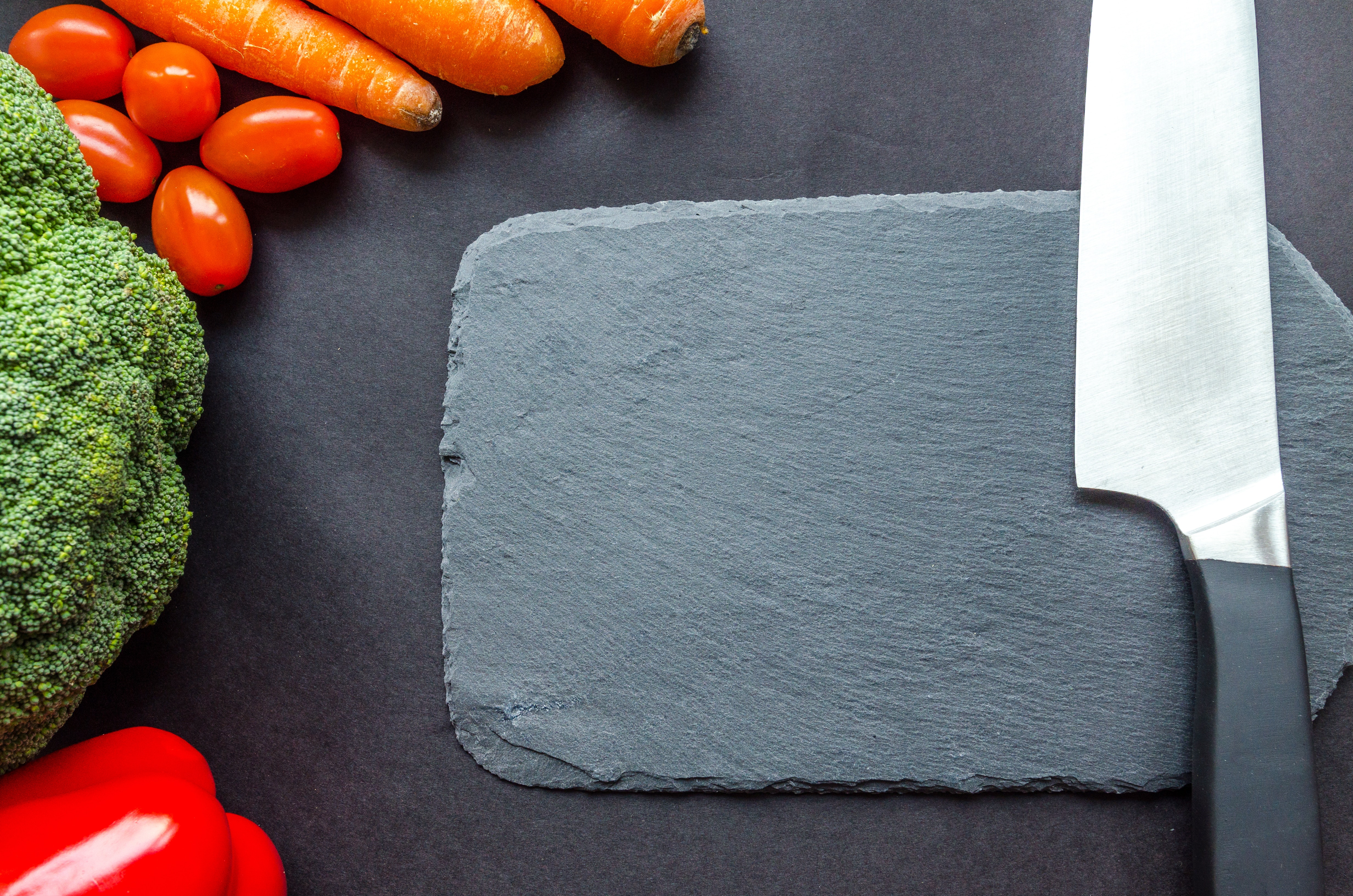 Black Handle Knife Near the Carrots, Board, Juicy, Tomatoes, Texture, HQ Photo