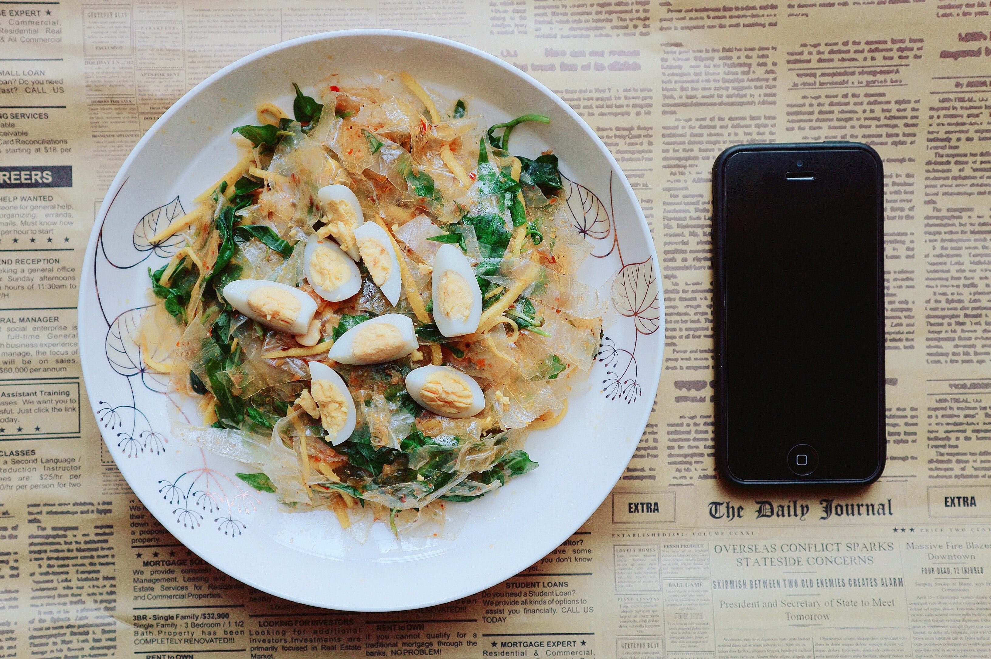 Black Iphone 5 Near Plate of Pasta Dish, Cooking, Newspaper, Vegetable, Traditional, HQ Photo