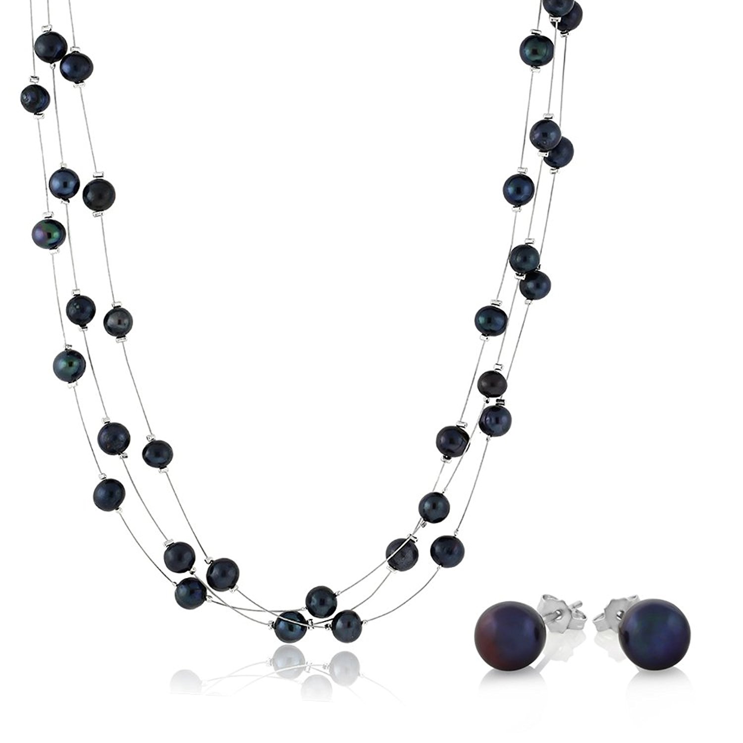 Buy 18 Black 3-String Genuine Freshwater Pearl Necklace Earrings Set ...