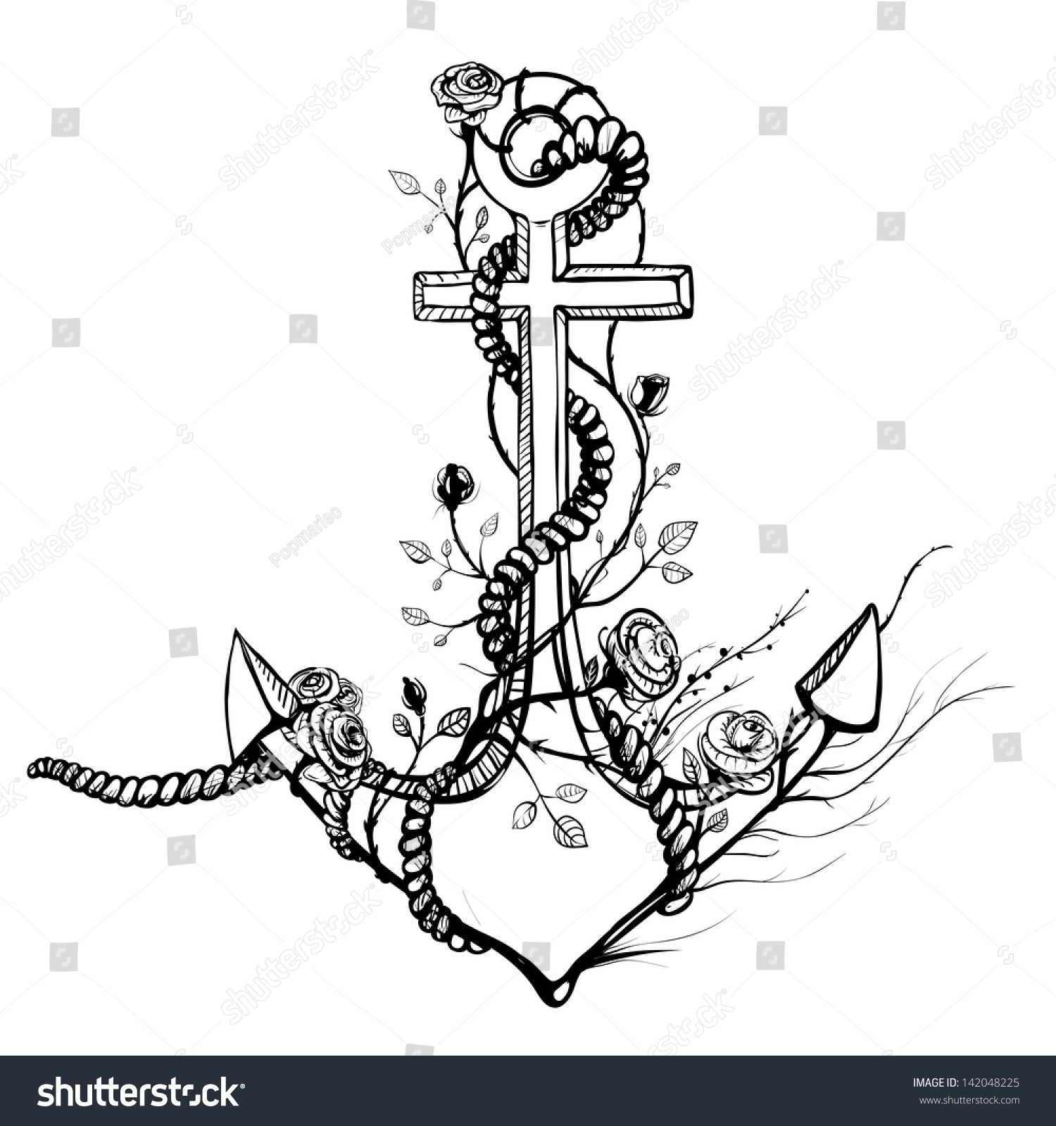 Romantic Old Anchor Roses Black Ink Stock Illustration 142048225 ...