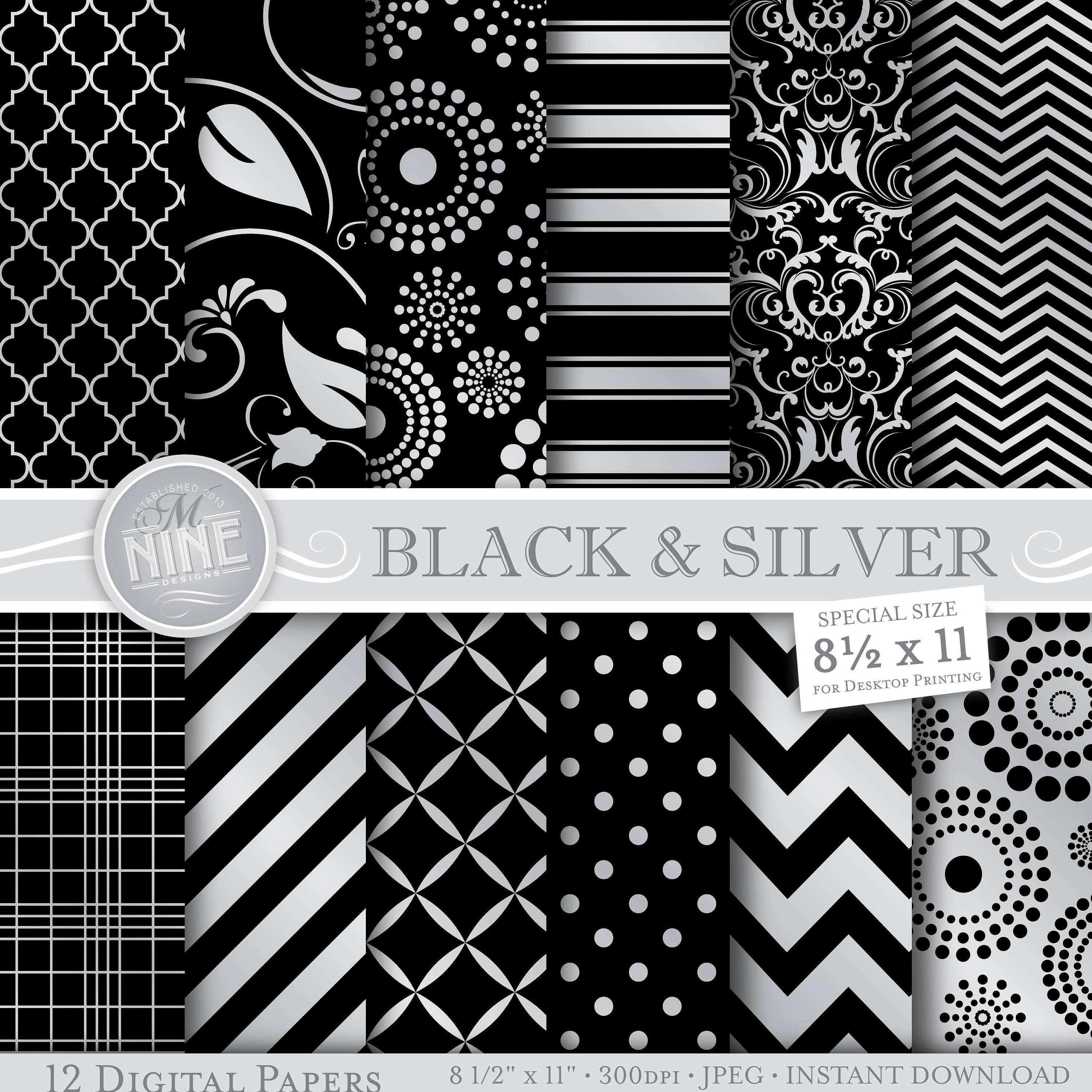 BLACK and SILVER Digital Paper / Silver Pattern Printables / Instant ...