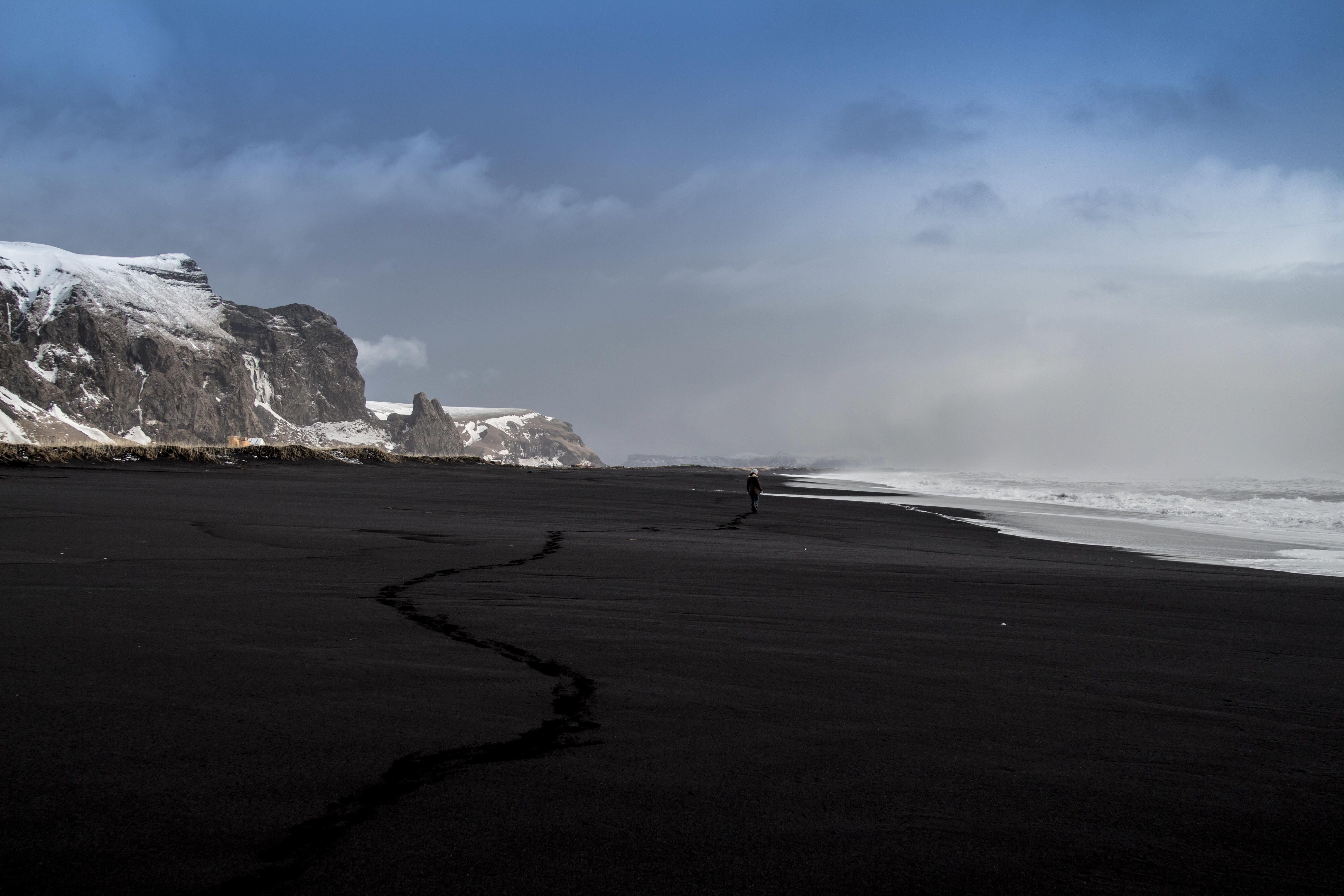 Black Sand Seashore Beside Snow Covered Mountain, Beach, Coast, Mountain, Nature, HQ Photo