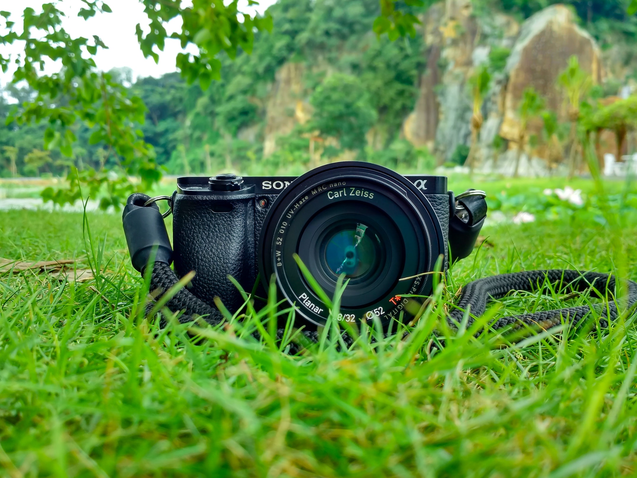 Black sony dslr camera on green grass in front of brown and green mountain photo