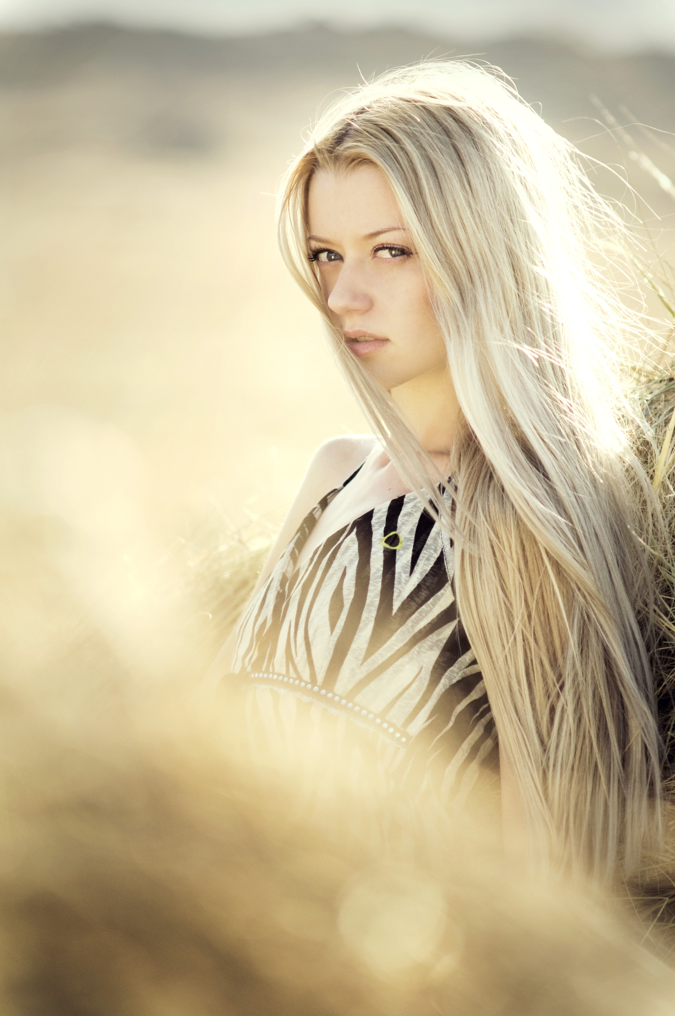 Free Photo Blonde Haired Woman In Open Field Photoshoot During