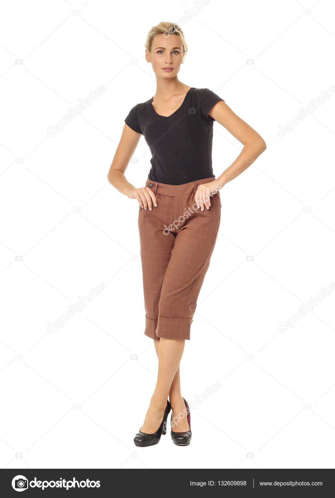 Beautiful sexual model blonde pose in brown breeches — Stock Photo ...