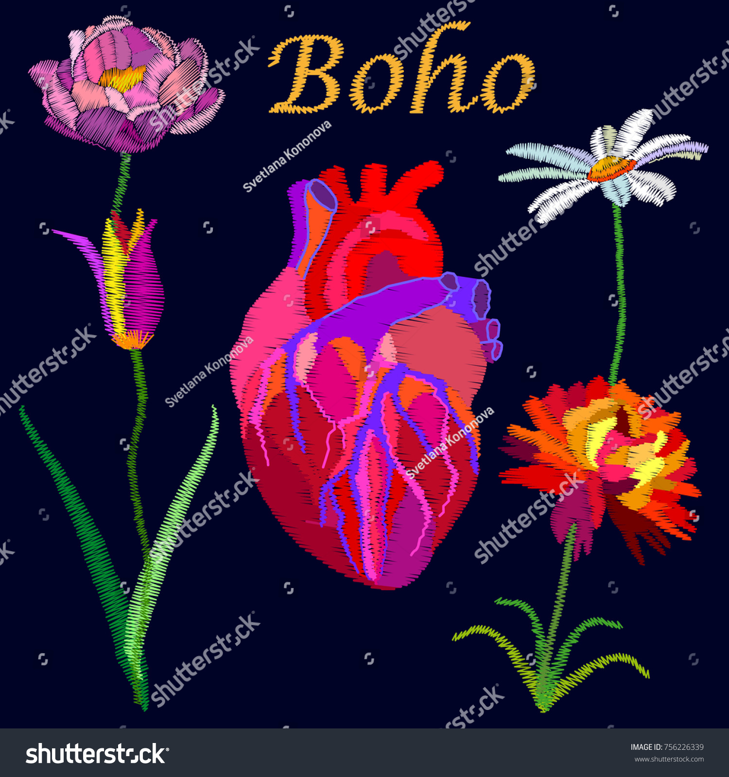 Boho Heart Blooming Flowers Trendy Illustration Stock Vector ...