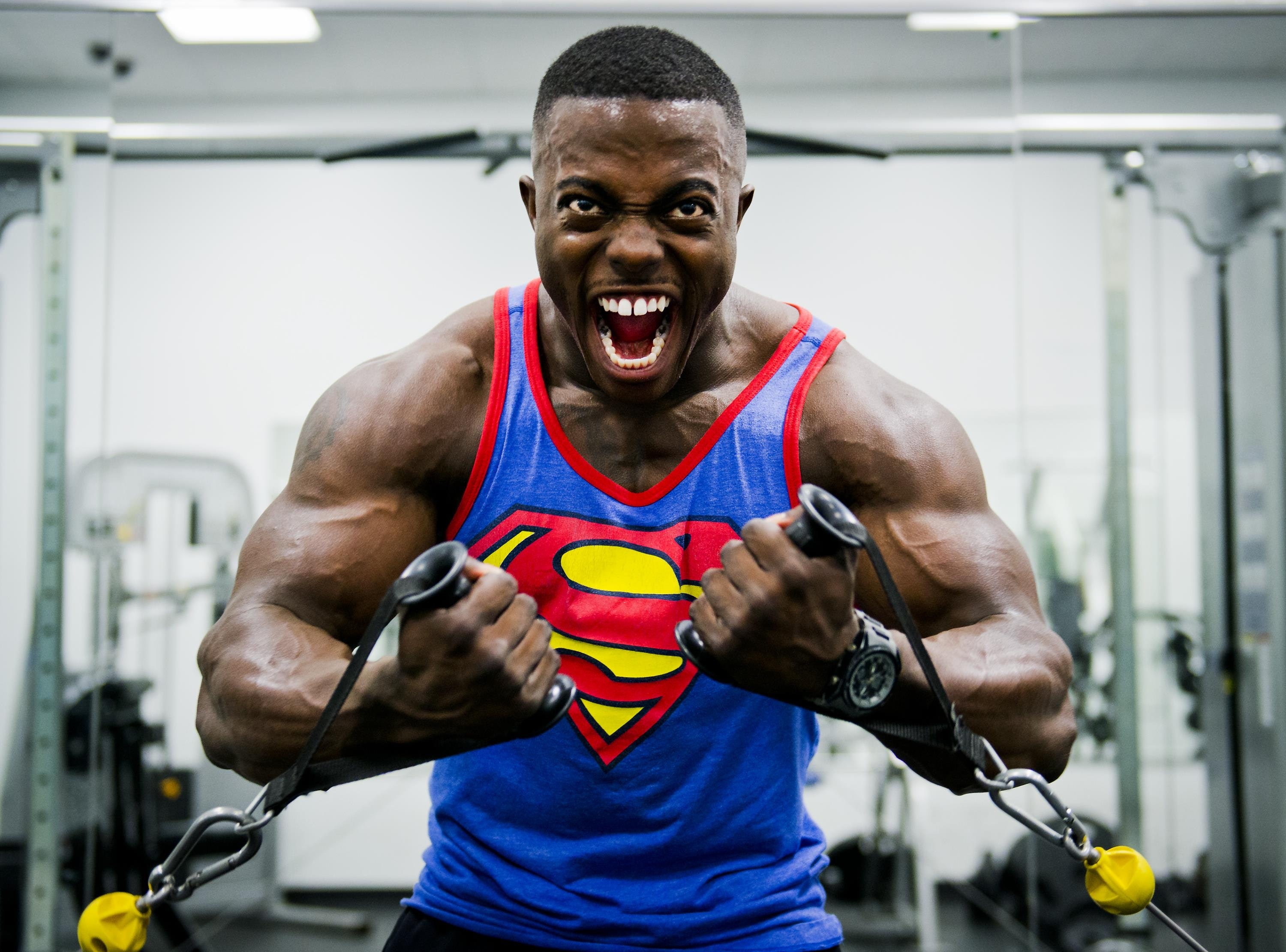 Blue and Red Superman Print Tank Top Shirt, Athlete, Weightlifting, Weight, Training, HQ Photo