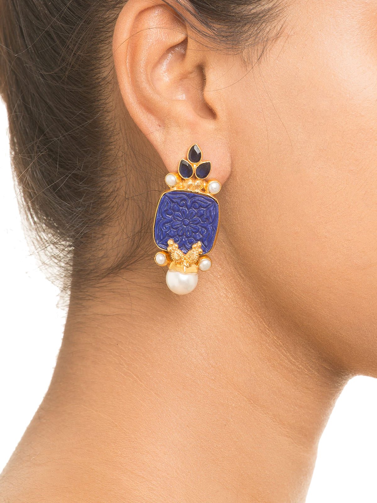 Buy Blue Carved Stone Earrings by Baroque Jewel Studio at Jivaana