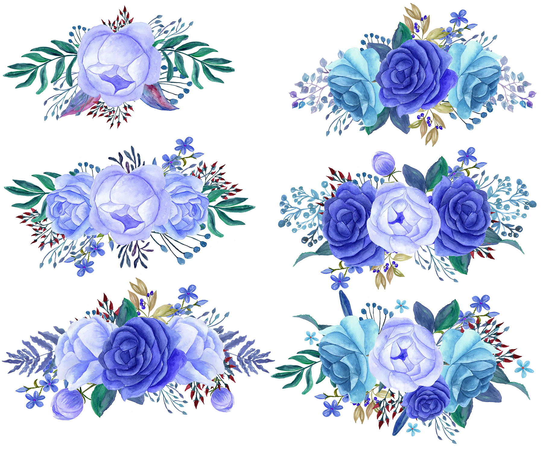Blue Watercolor bouquets clip art,Floral bouquets,Blue Flowers ...