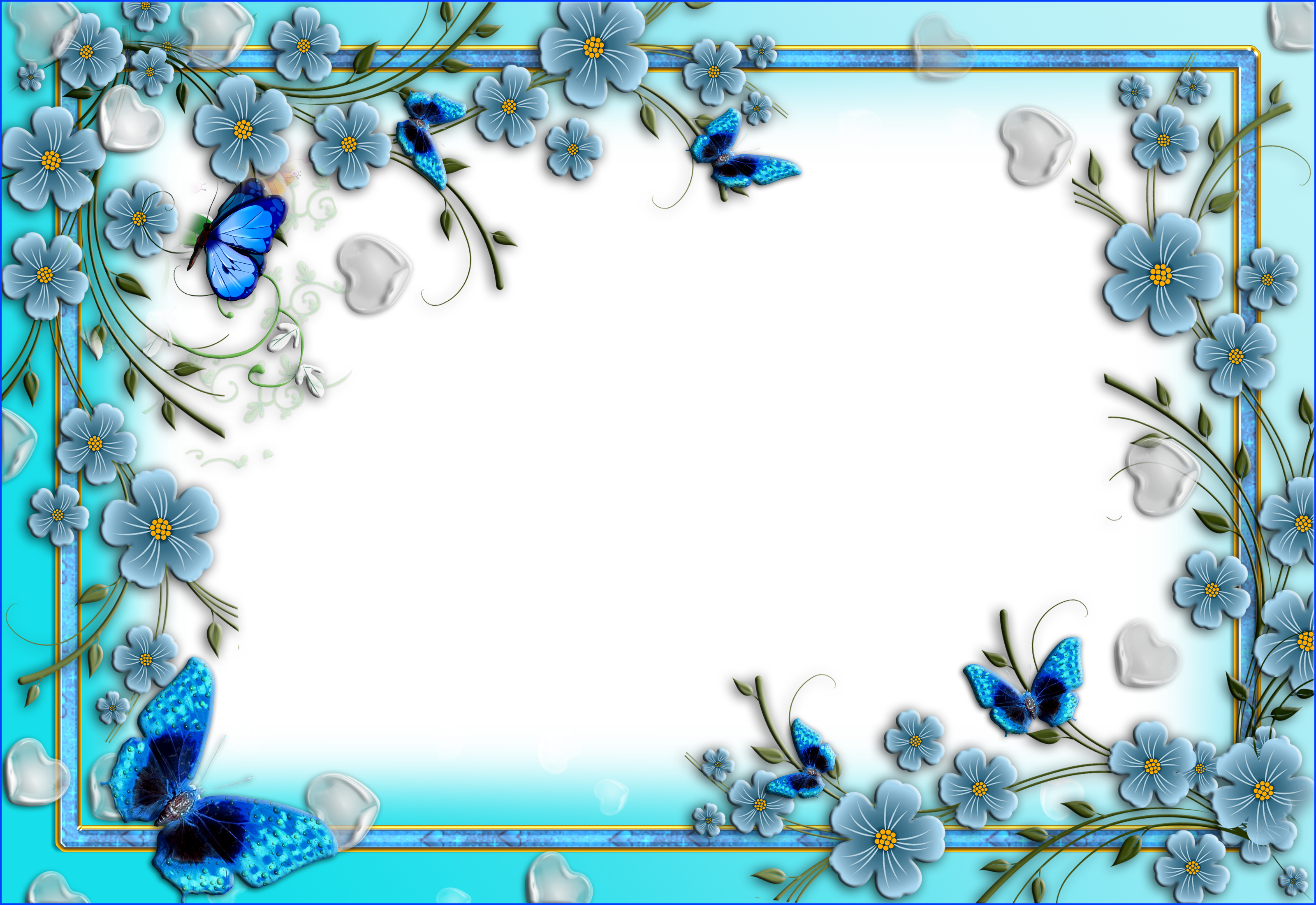 Blue Flowers Transparent PNG Photo Frame with Hearts and Butterflies ...