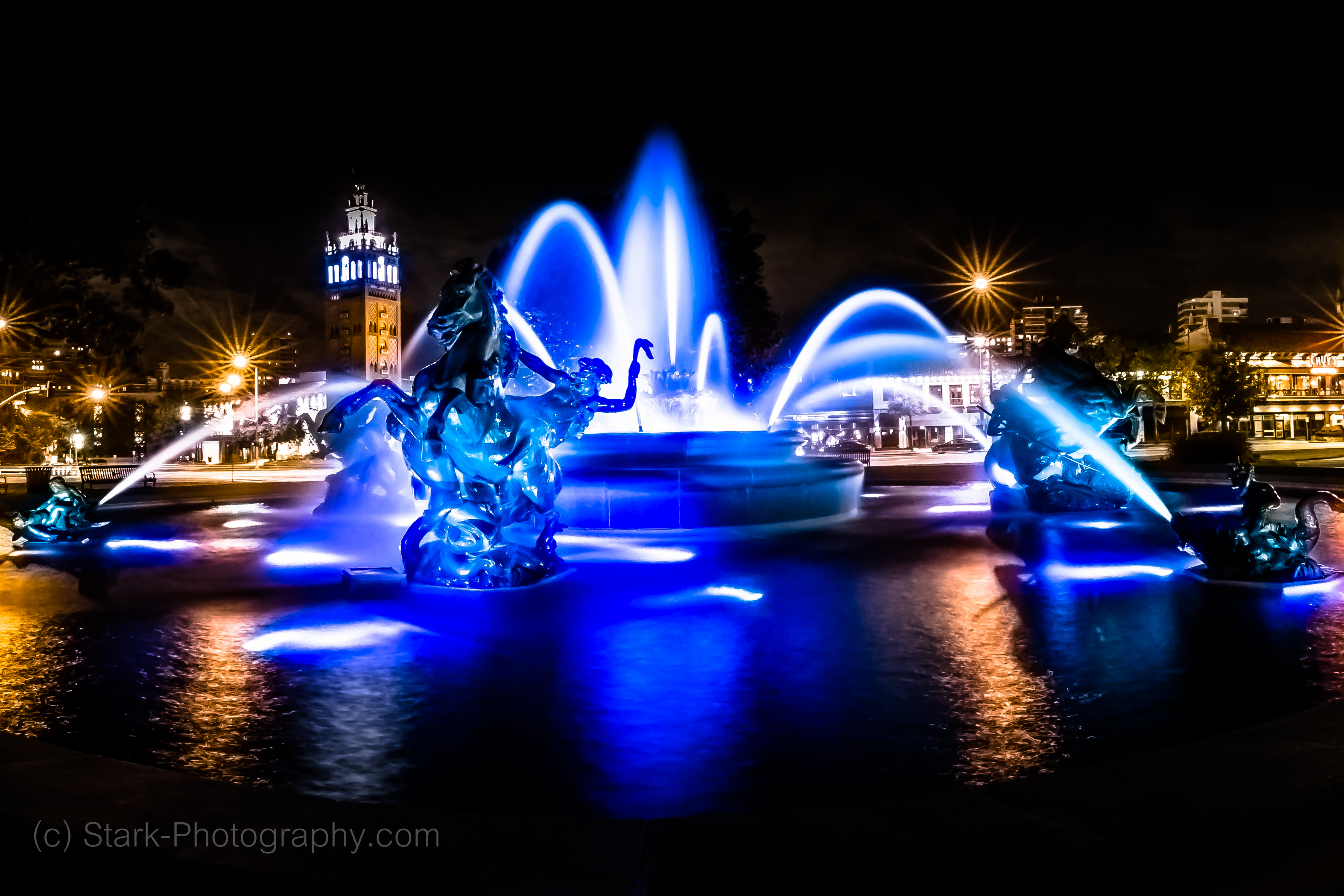 Kansas City Plaza Blue Fountain by Night - Stark Photography