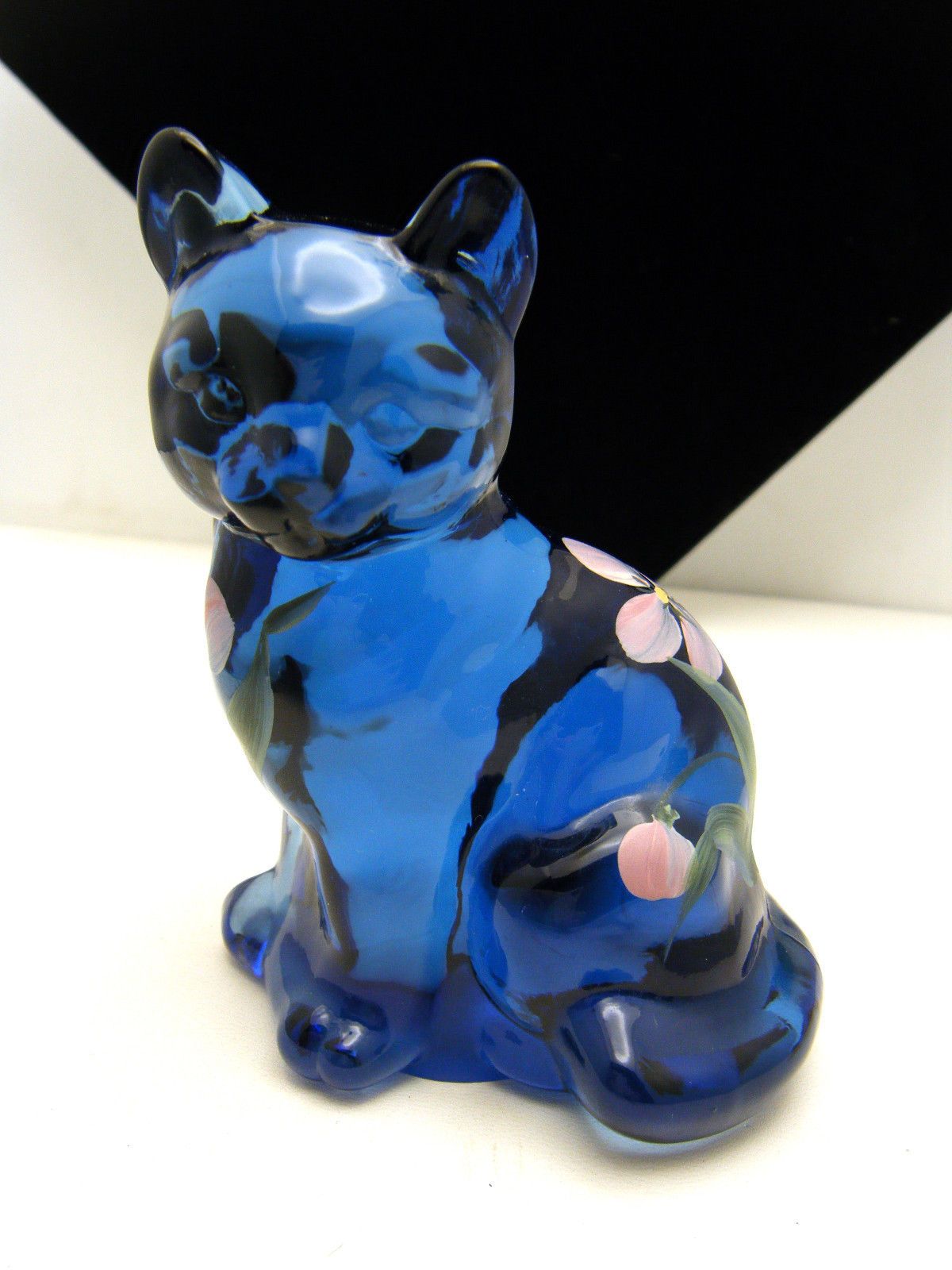 Hand Painted Fenton Blue Glass Cat Figurine Flowers Artist Signed ...