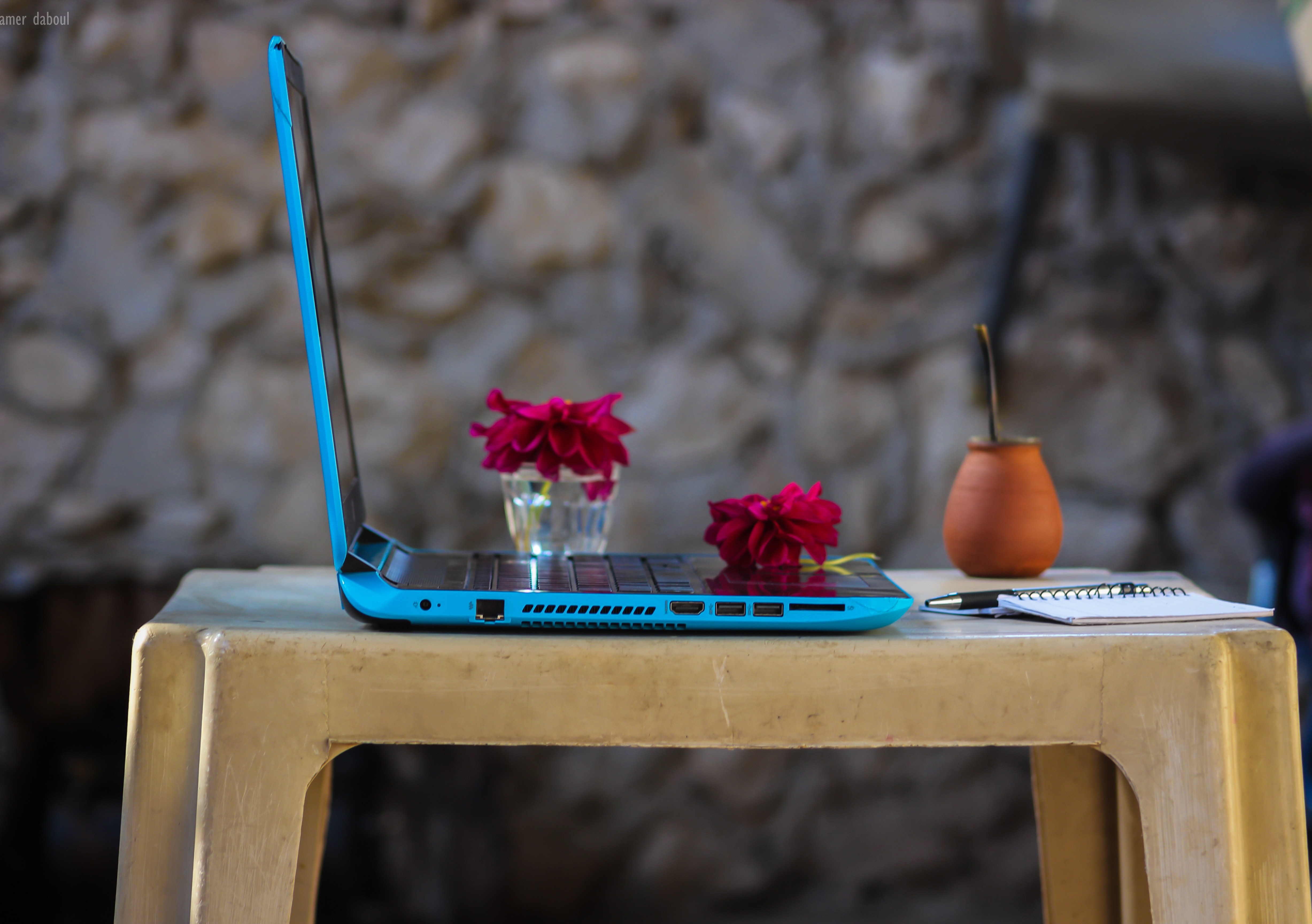 Blue Laptop Computer On Brown Plastic Table, Bloom, Blossom, Computer, Flora, HQ Photo