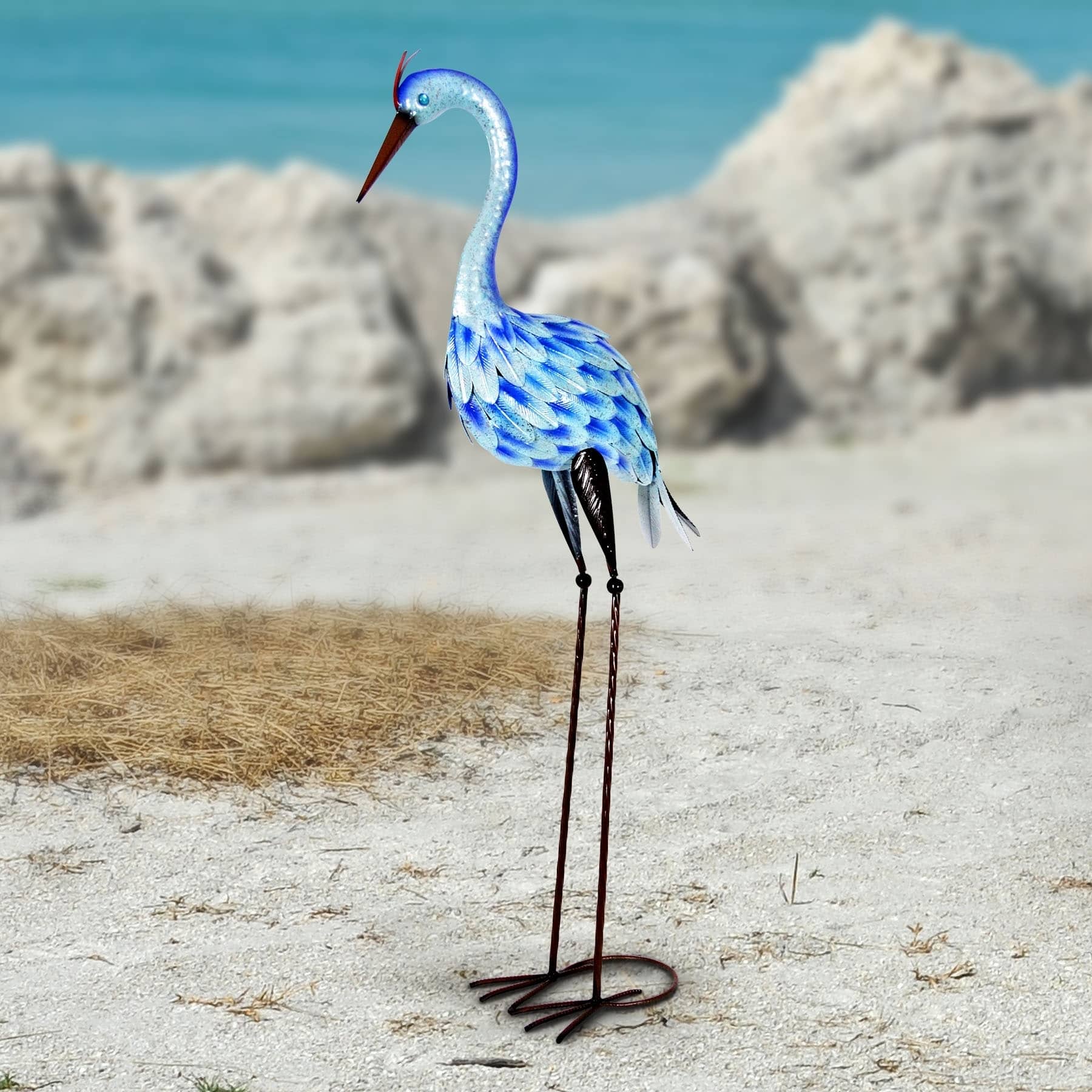 42 Inch Blue Metal Heron Bird Crane Outdoor Garden Decor | eBay