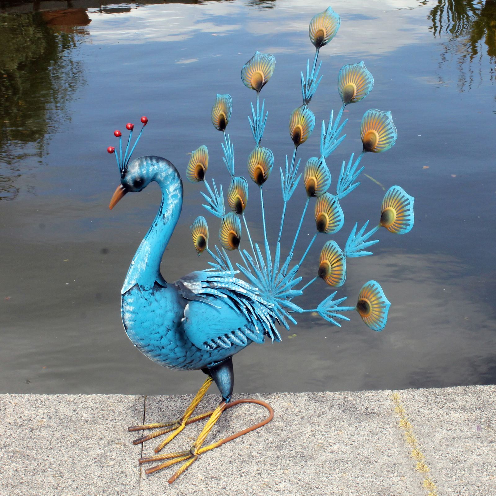 Blue Peacock Garden Ornament Painted Bird Outdoor Decoration Metal ...