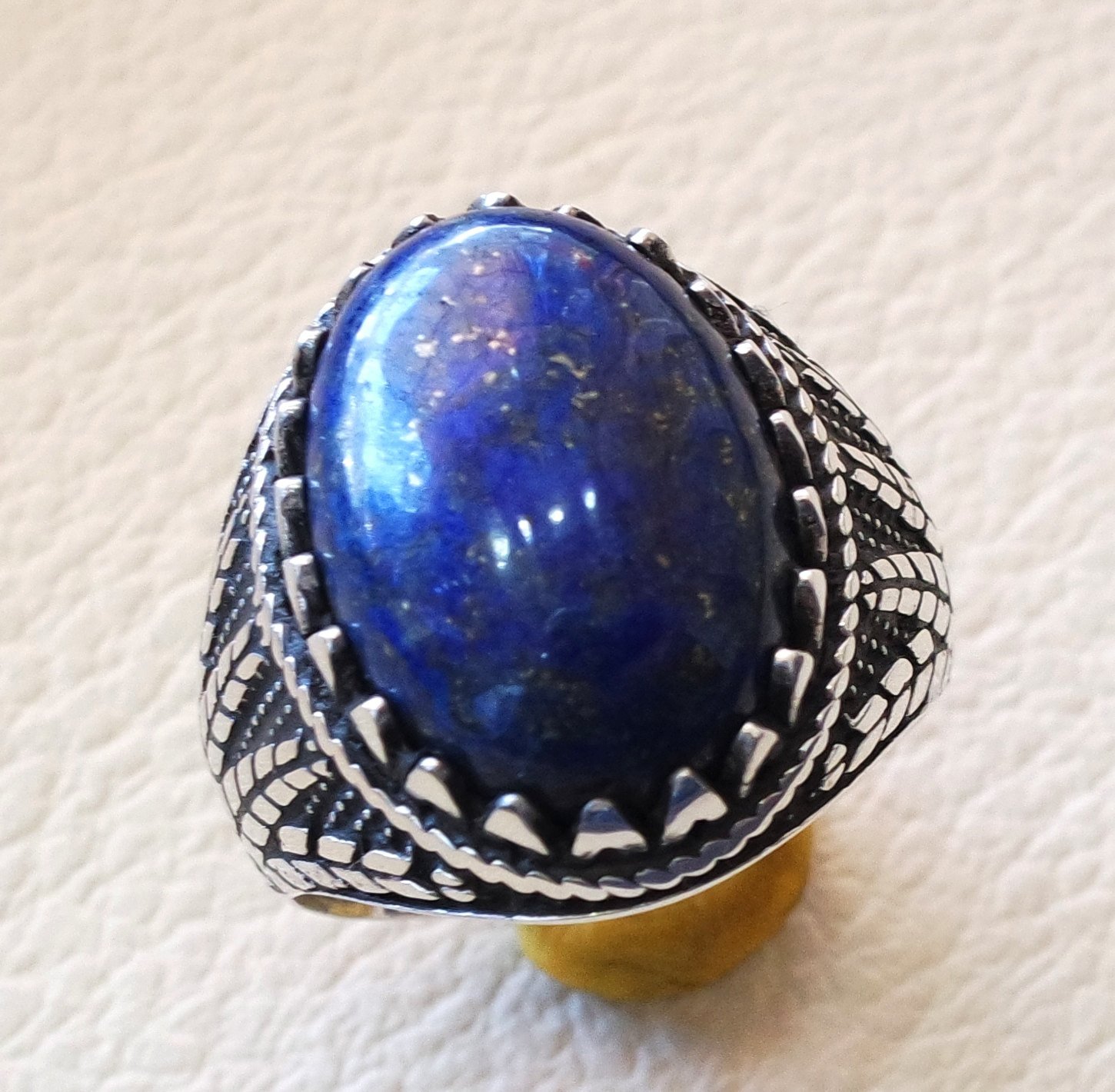 lapis lazuli oval cabochon natural dark blue stone man ring sterling ...