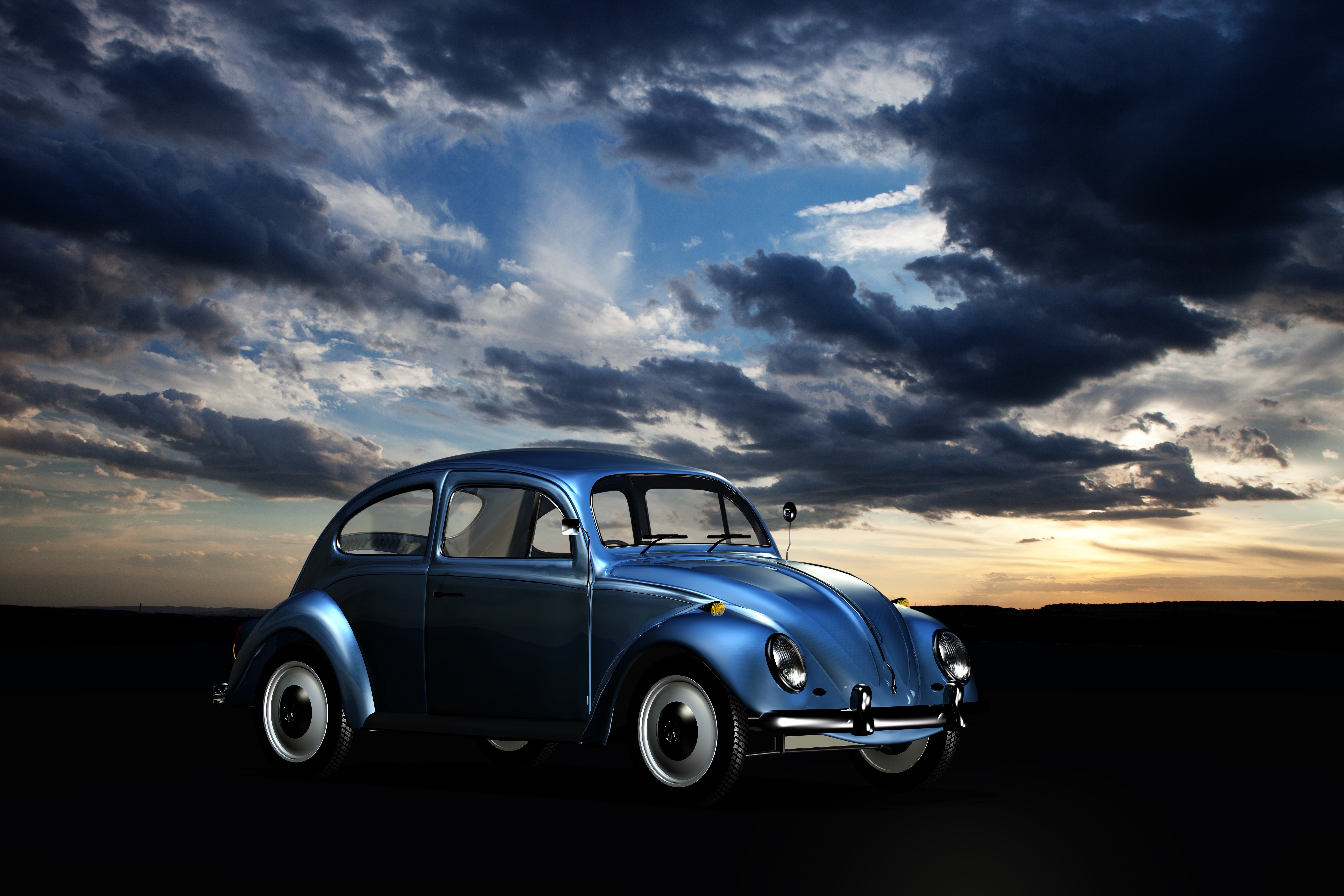 Blue volkswagen beetle under blue sky and white clouds during golden hour photo