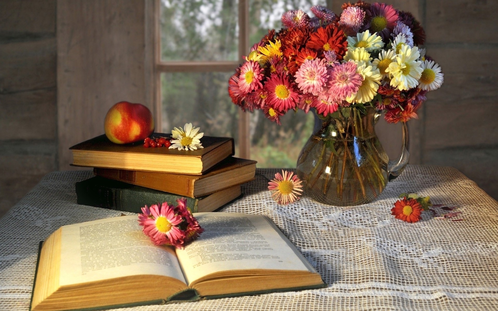 Books and flowers on the table in the wooden house - HD wallpaper ...