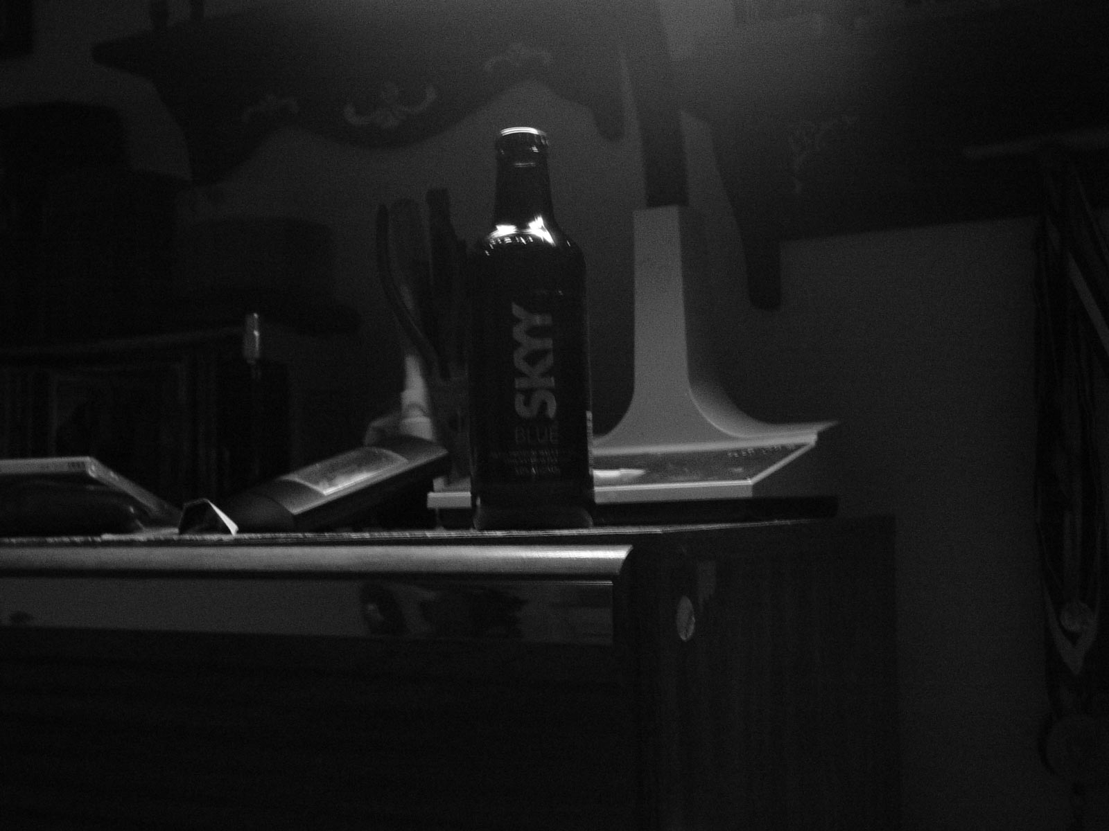 Bottle on table, Blackandwhite, Bottle, Dark, Table, HQ Photo