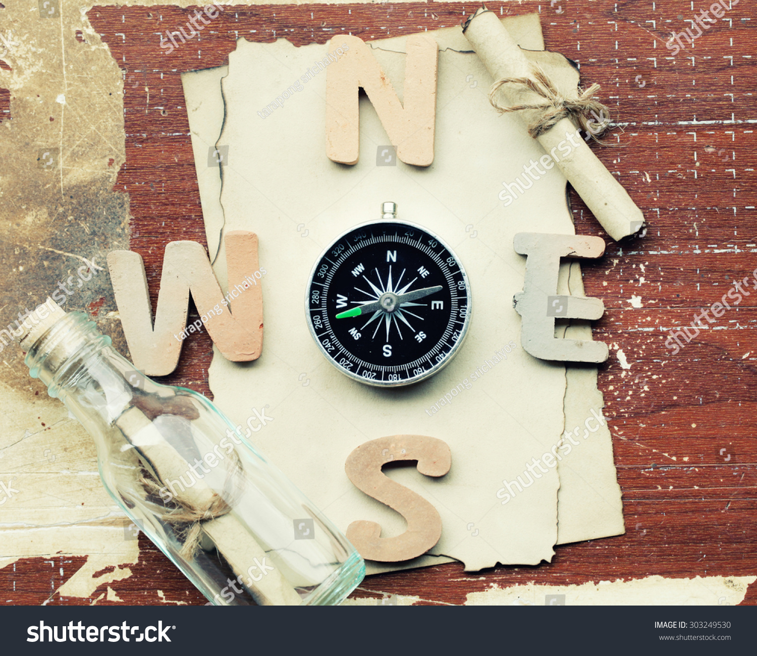 Compass Bottle Mail On Brown Aged Stock Photo 303249530 - Shutterstock