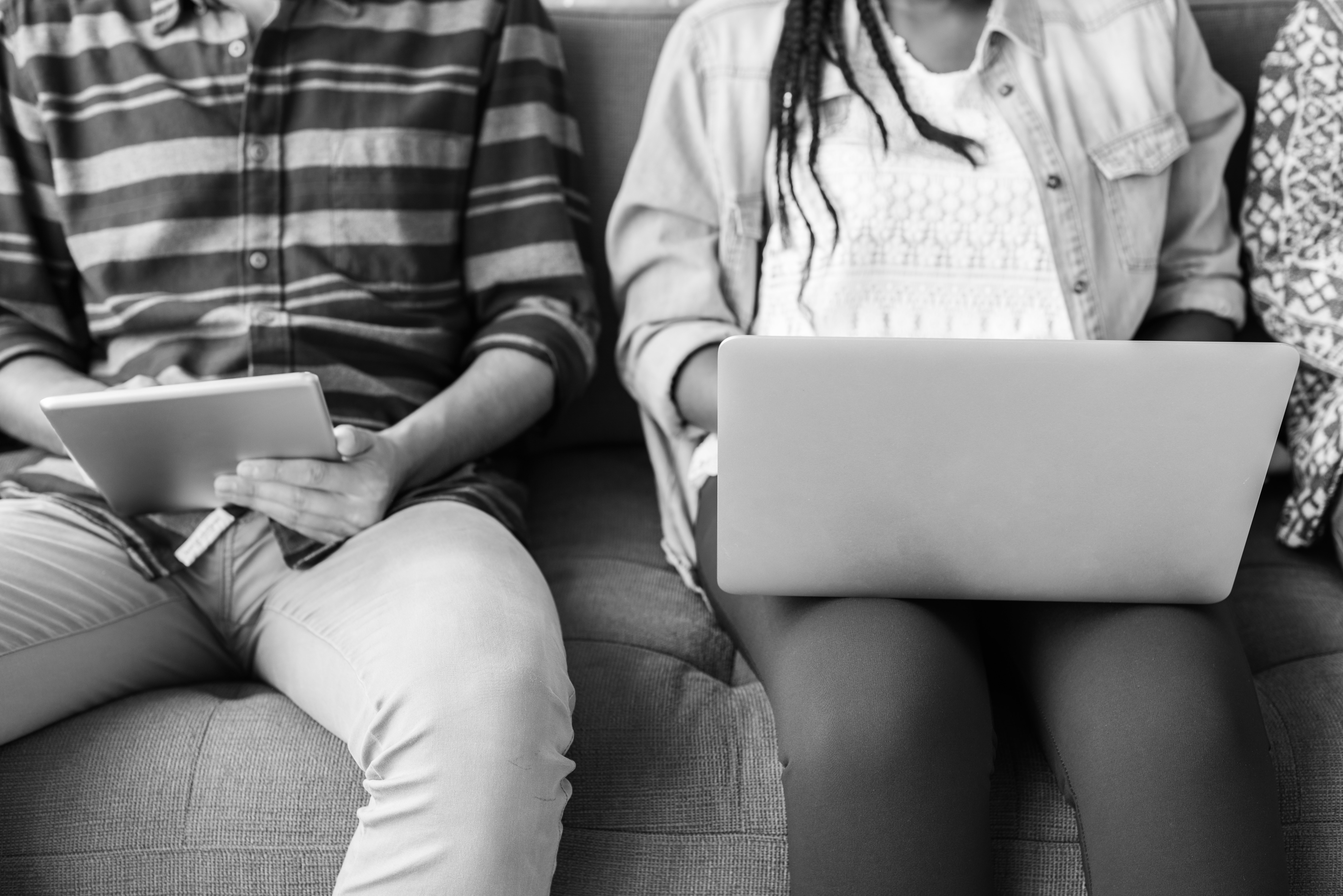 Boy and Girl Sitting on Couch, Black-and-white, People, Wireless, Typing, HQ Photo
