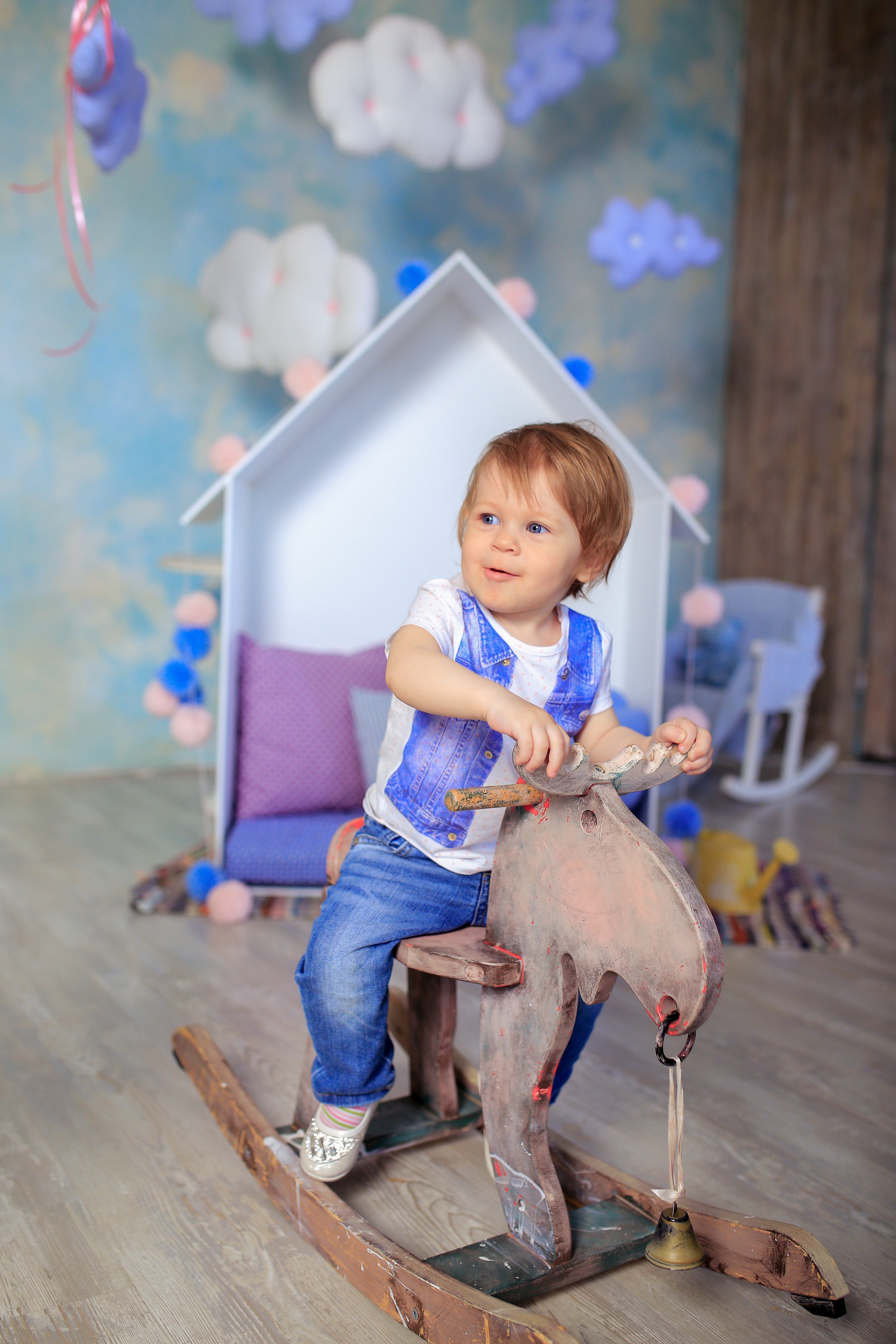 Boy in Blue and White Crew Neck T Shirt Riding on Wooden Rocking Moose, Baby, Child, Childhood, Cute, HQ Photo