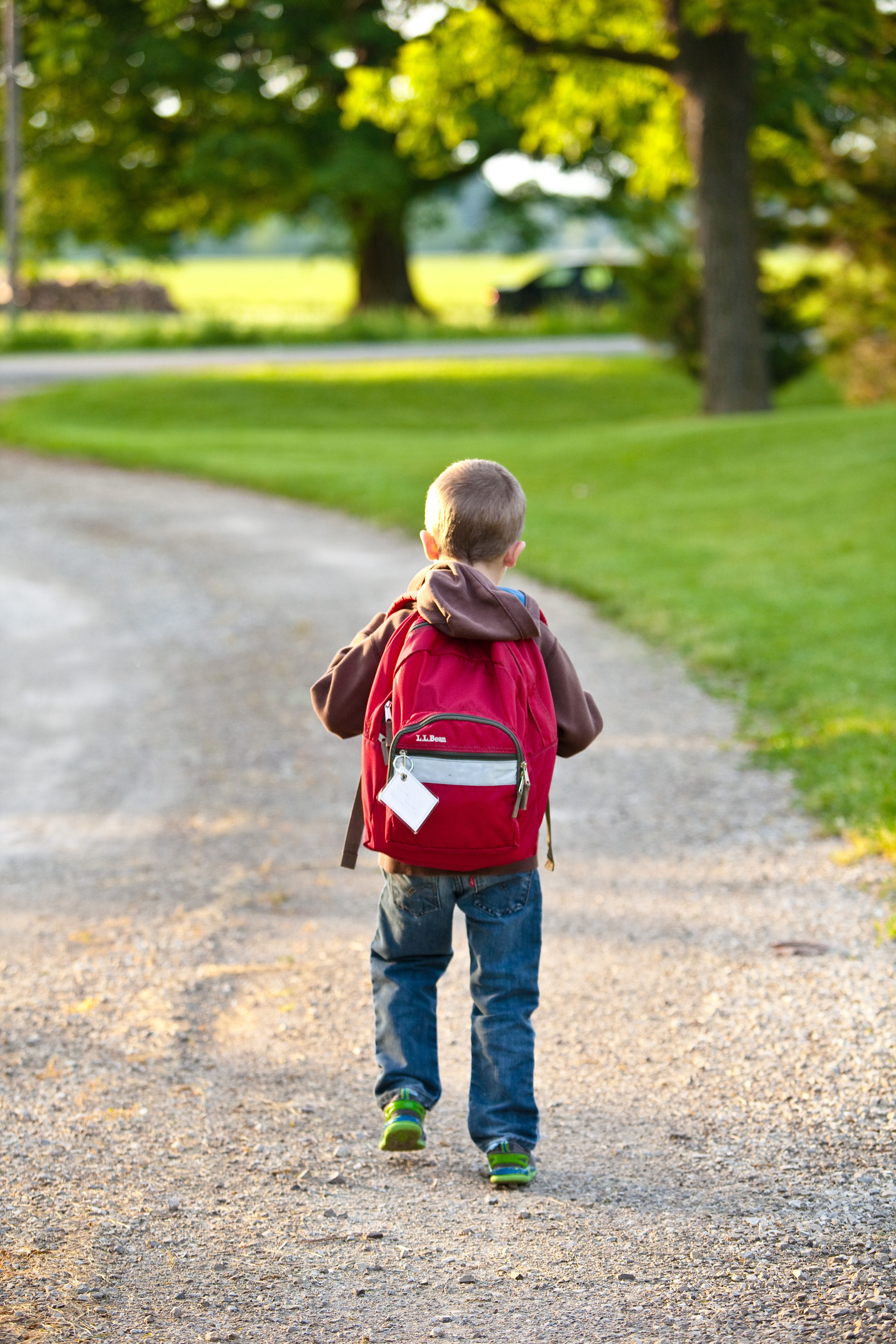 Boy in brown hoodie carrying red backpack while walking on dirt road near tall trees photo
