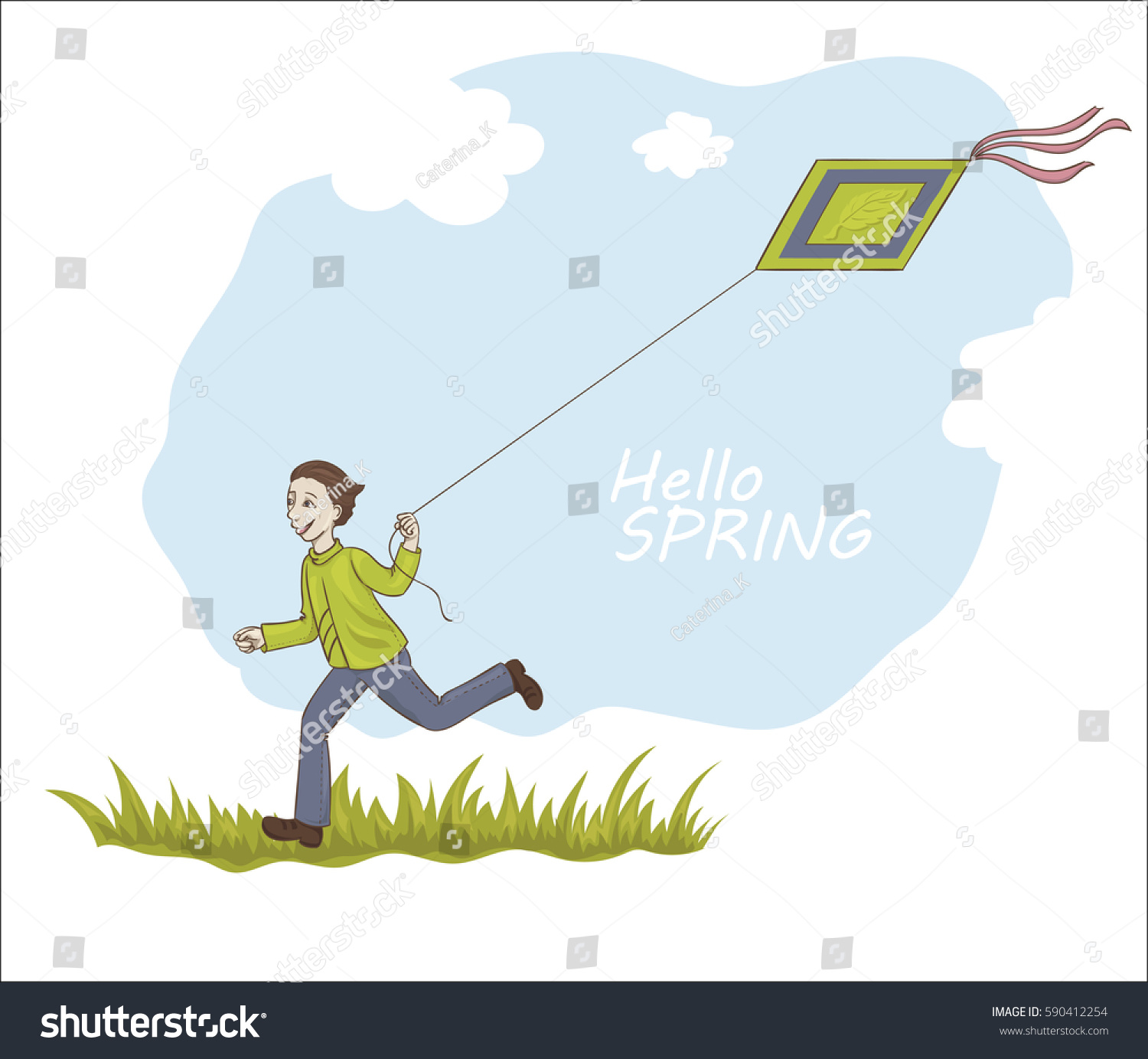 Joyful Boy Running On Grass Kite Stock Vector 590412254 - Shutterstock
