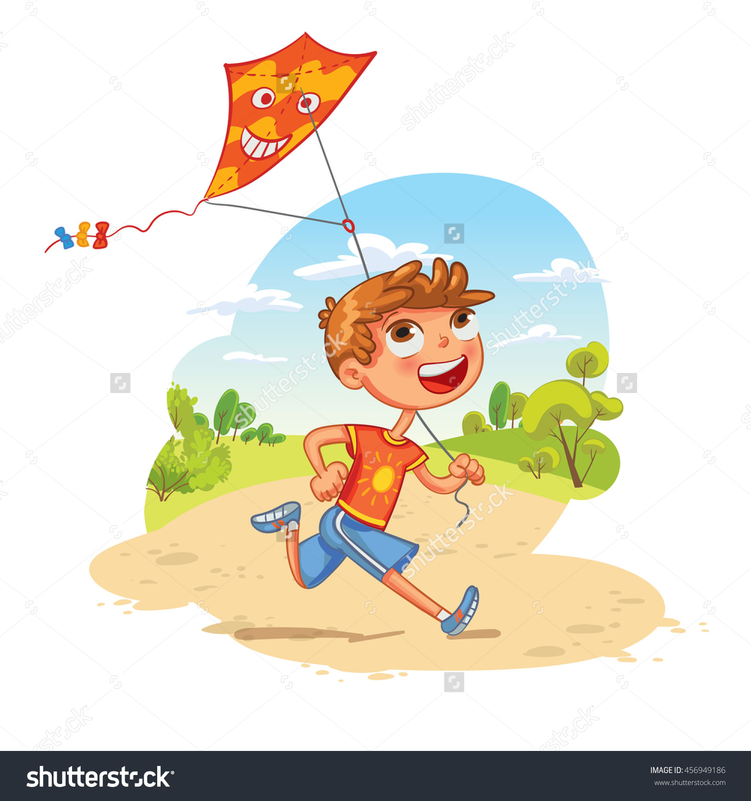 Boy Plays With A Kite In The Park. Funny Cartoon Character. Vector ...