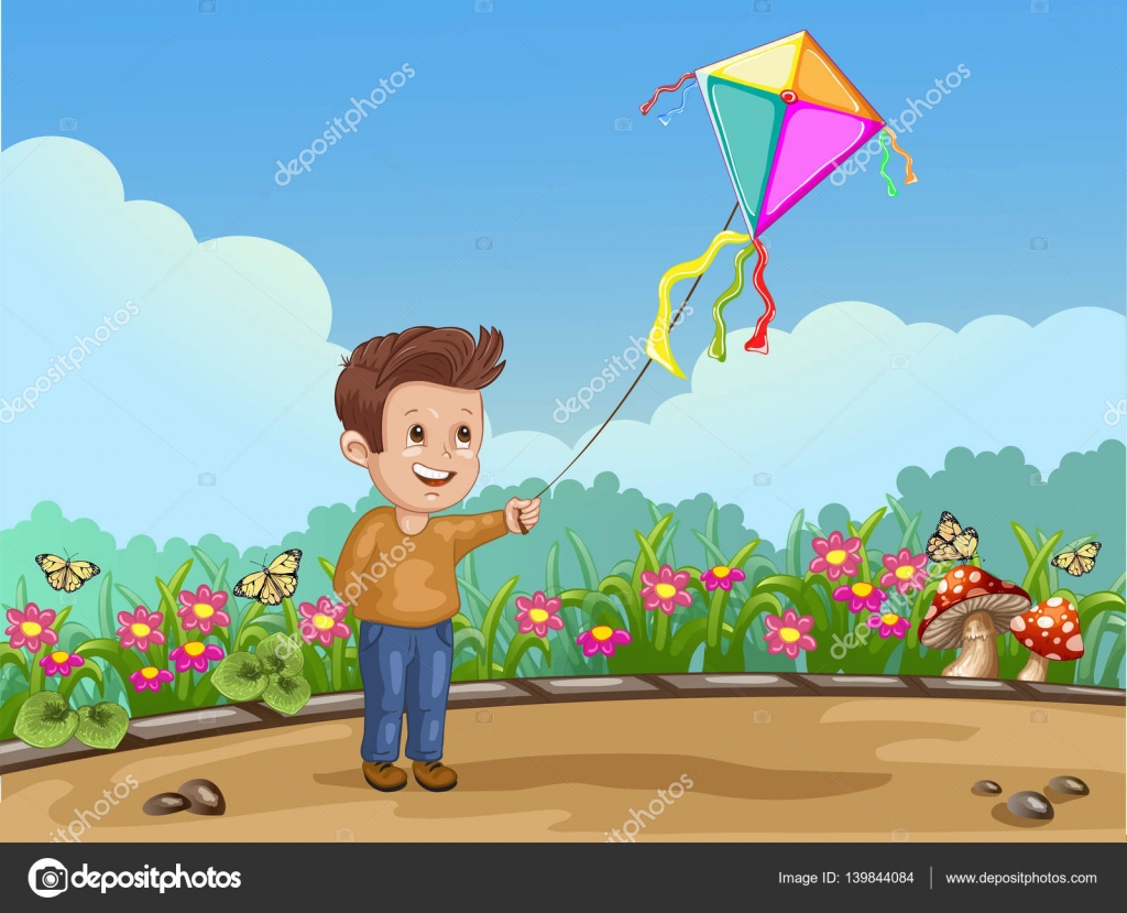Cartoon child playing with kite in the park — Stock Vector ...