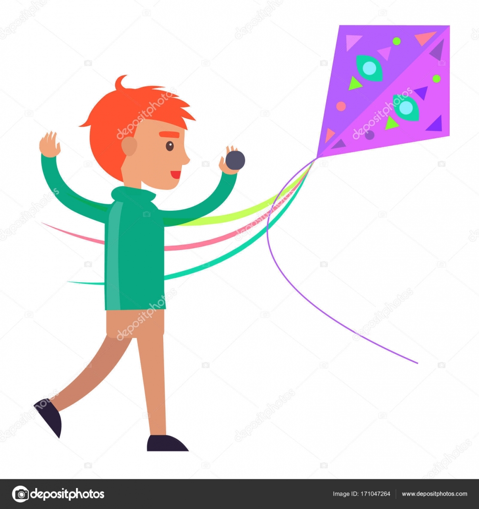 Redhead Boy Plays with Colorful Kite Illustration — Stock Vector ...
