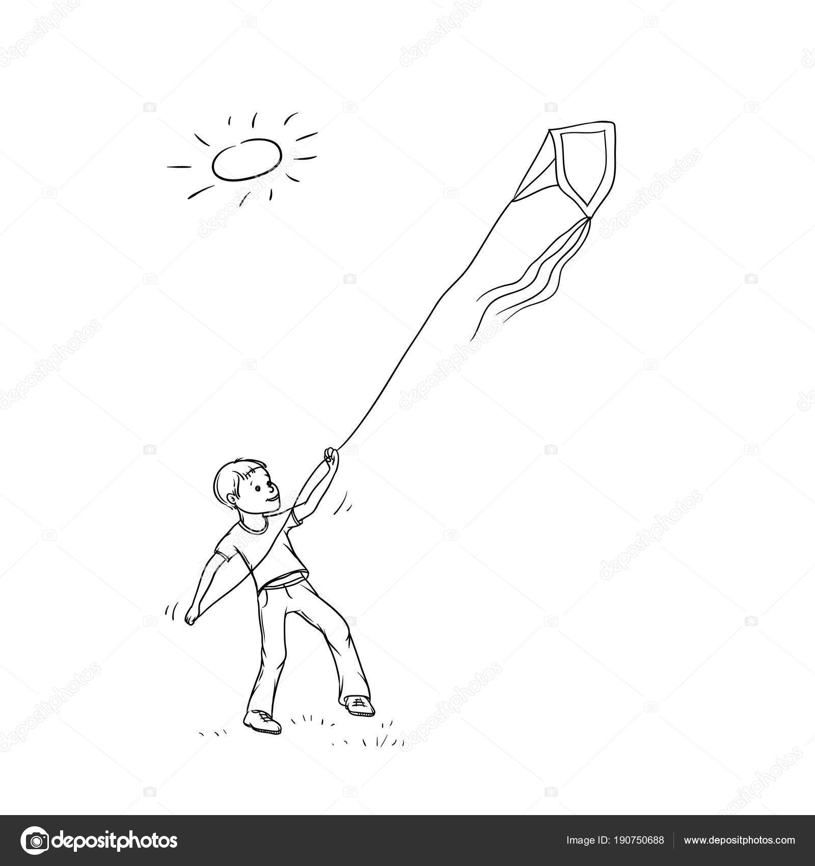 Vector sketch boy plays with paper kite. Active children teenager ...