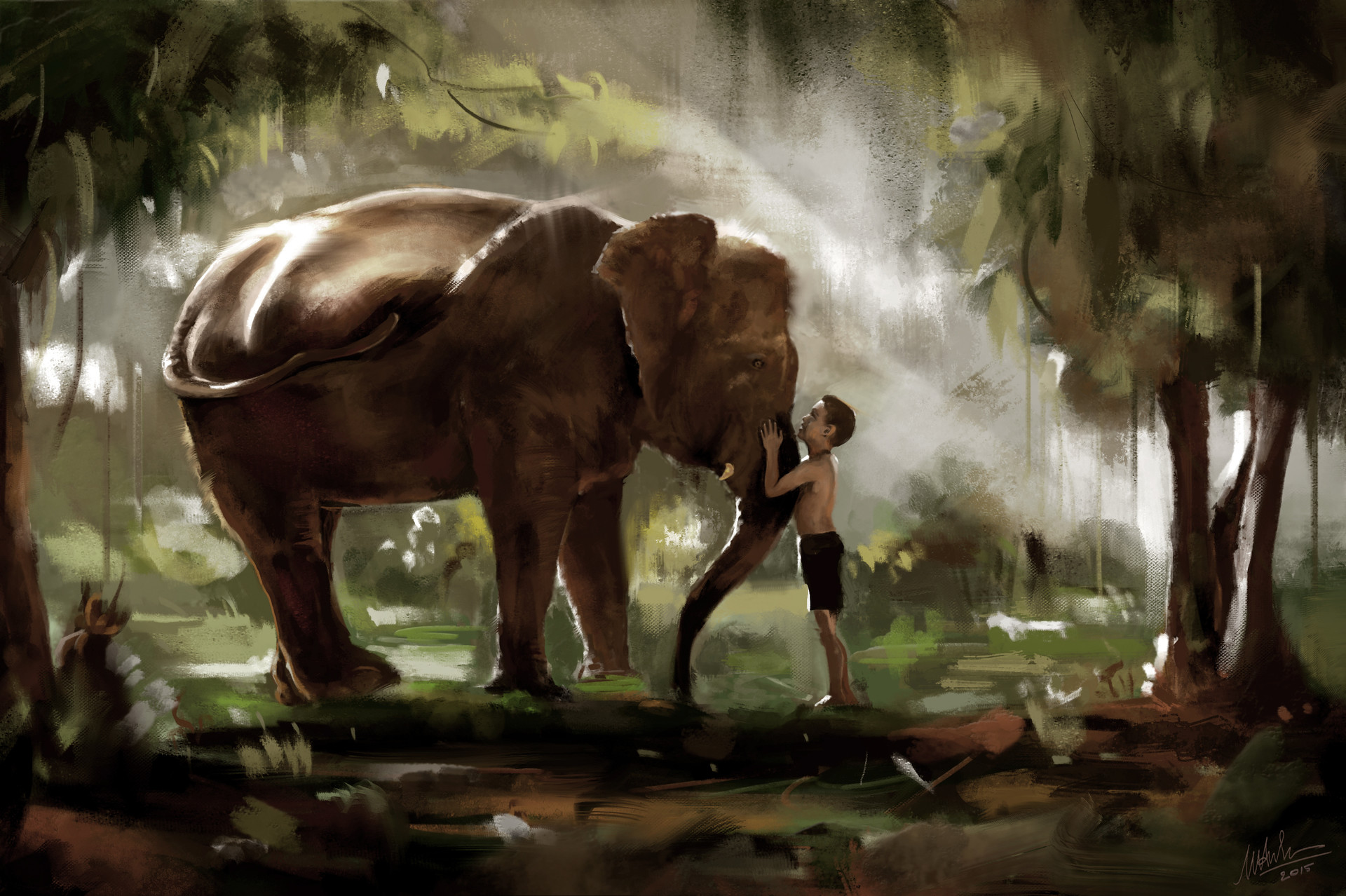 Boy with elephant photo