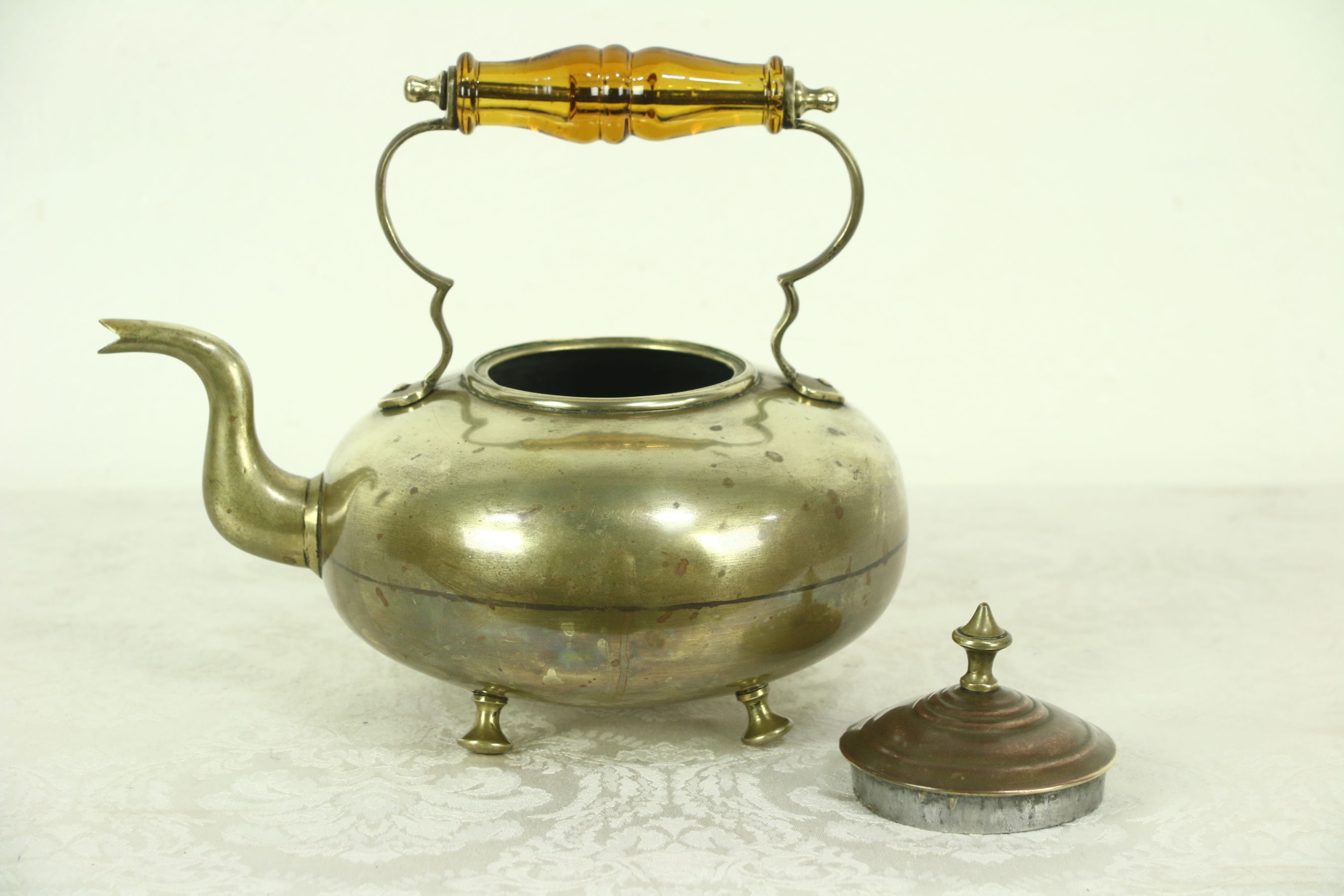Brass Antique Tea Kettle, Copper Lid & Glass Handle, Signed JCB ...