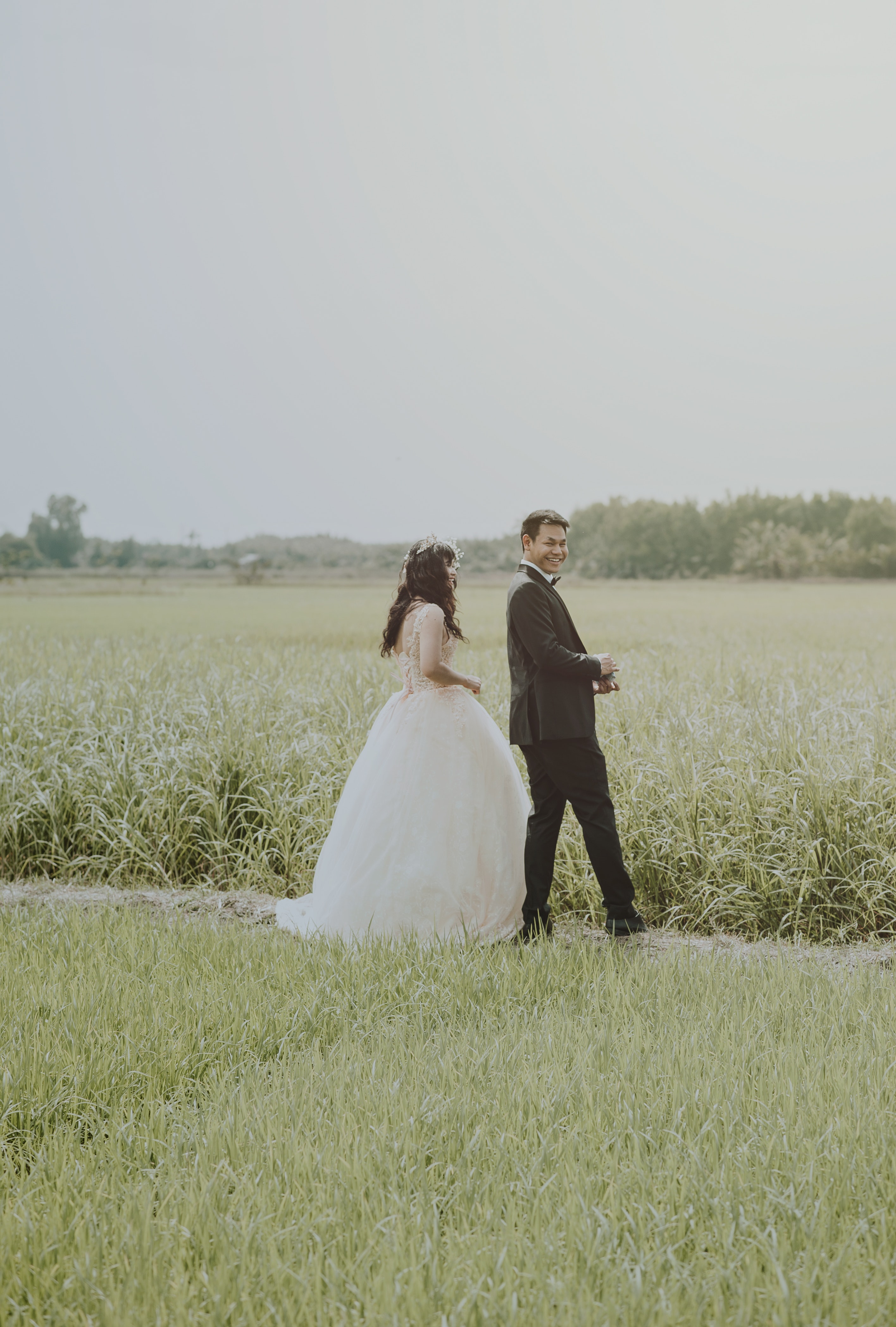 Bride and groom on rice field photo
