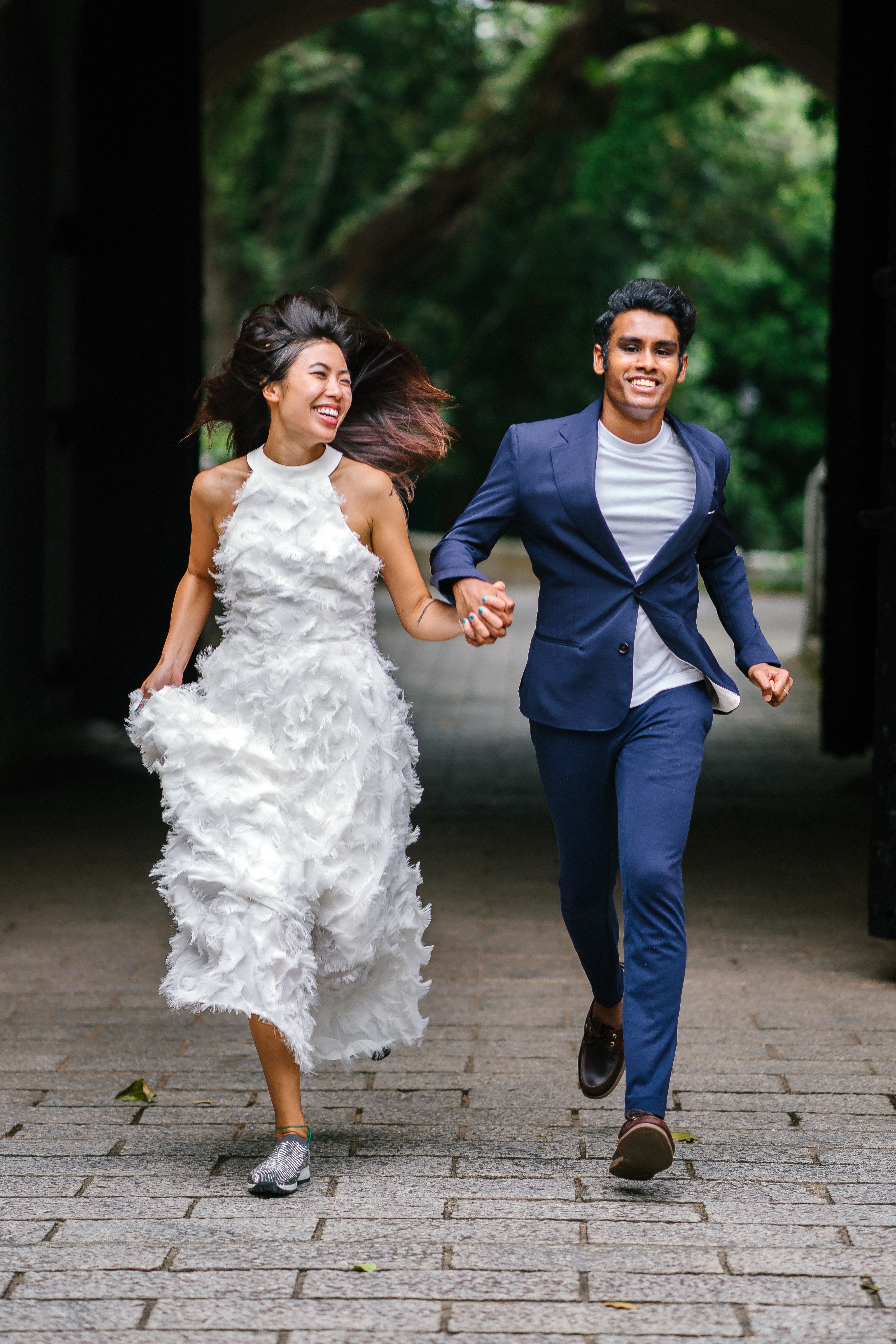 Bride and Groom Running on Concrete Pathway, Asian, Smiling, Park, People, HQ Photo
