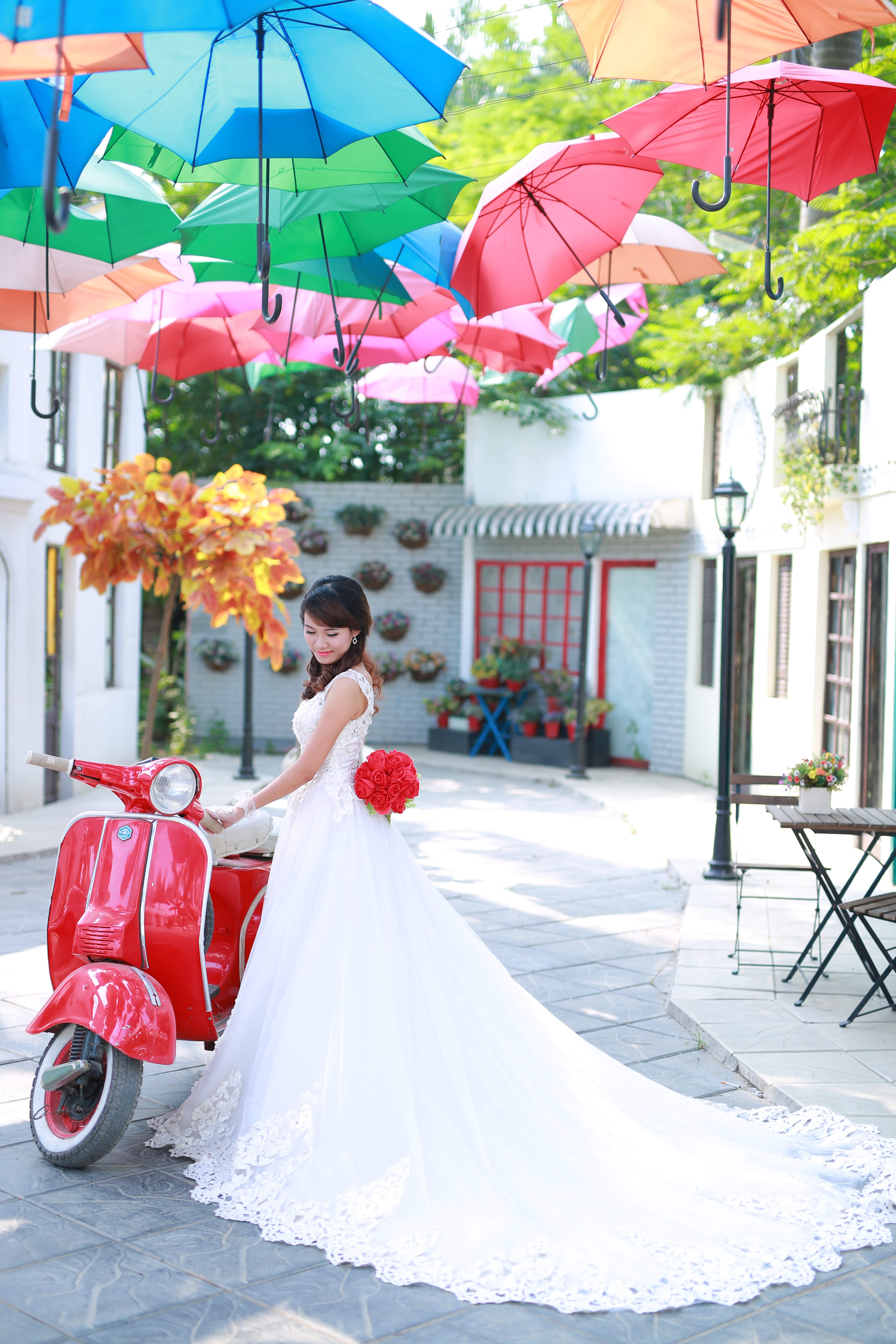 Bride posing with red scooter, Bride, Happy, Love, Marriage, HQ Photo