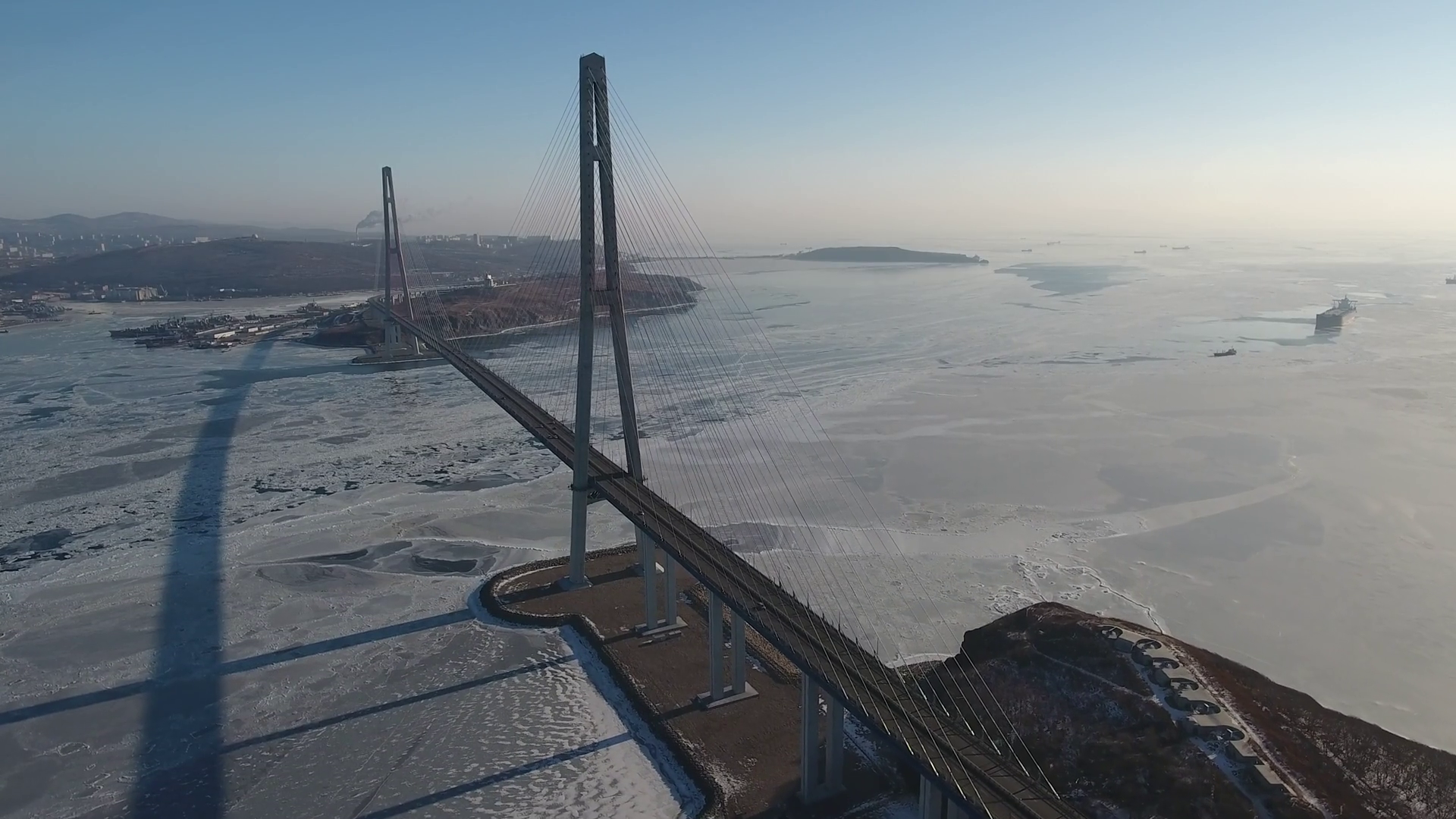 Longest cable bridge top Russky Island Vladivostok APEC. Frozen ...
