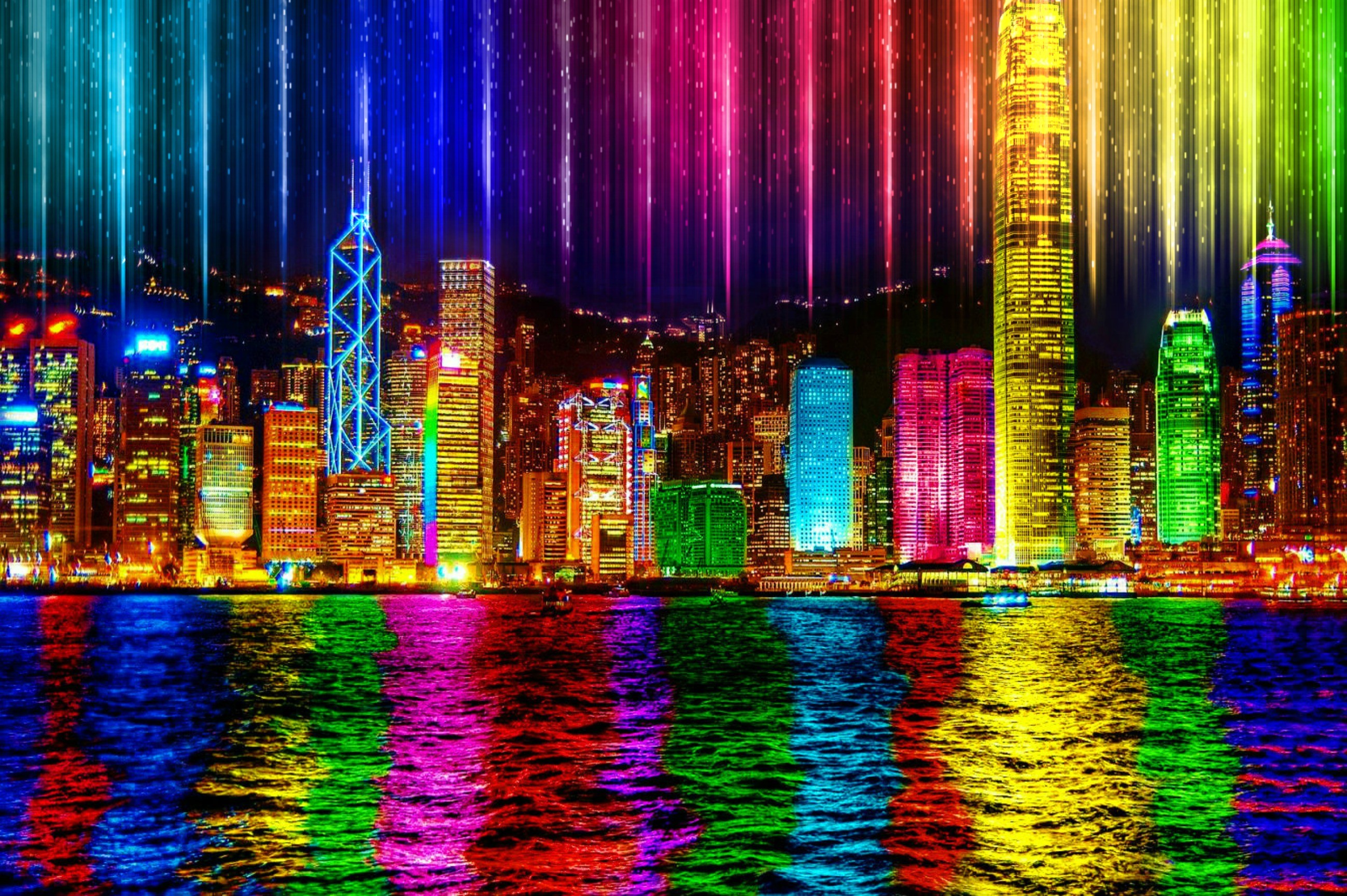 Skyscrapers: Honk Kong Rainbow Nights Hong Colorful Wate Color Lake ...