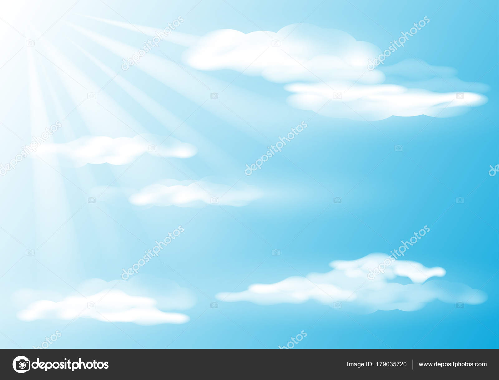 bright sky with clouds and sun rays. Nature background. Vector i ...