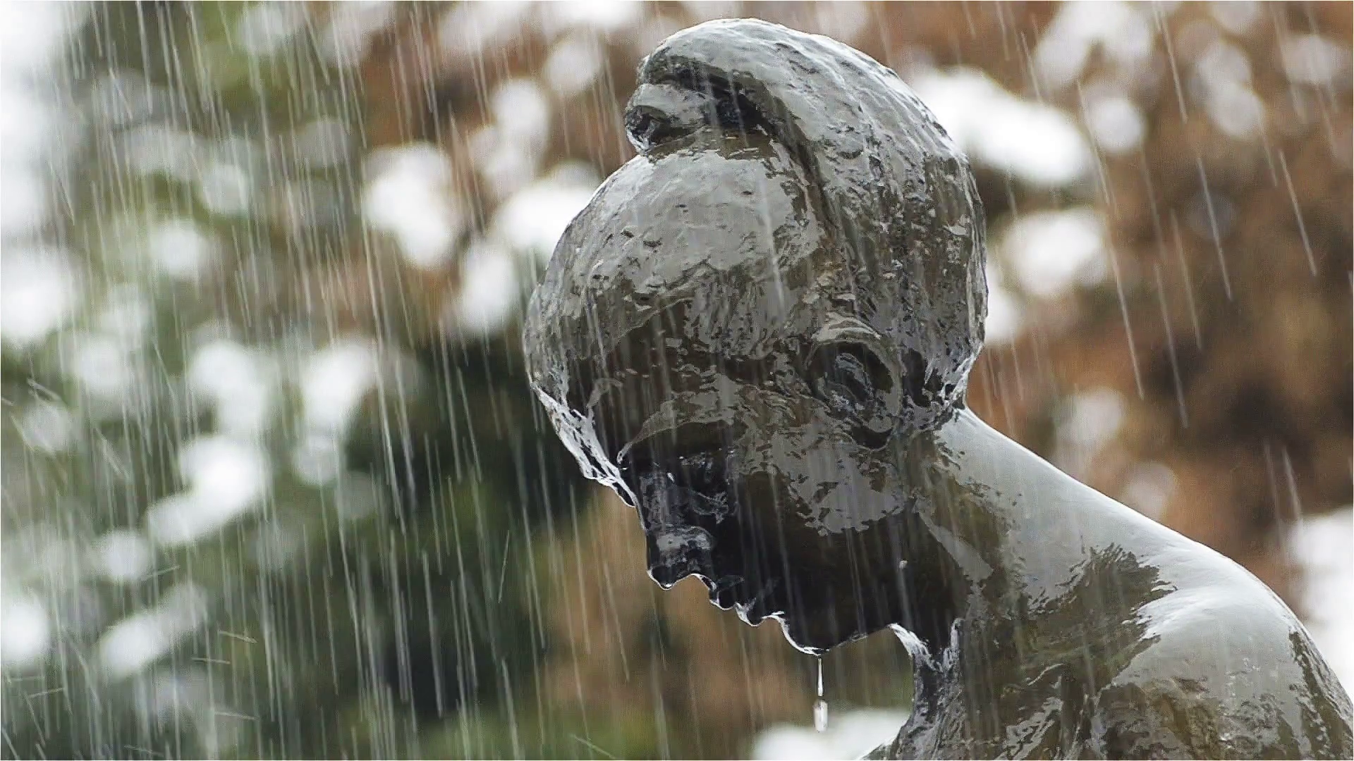 Winter day, raining, close-up women heads of bronze statues. Stock ...