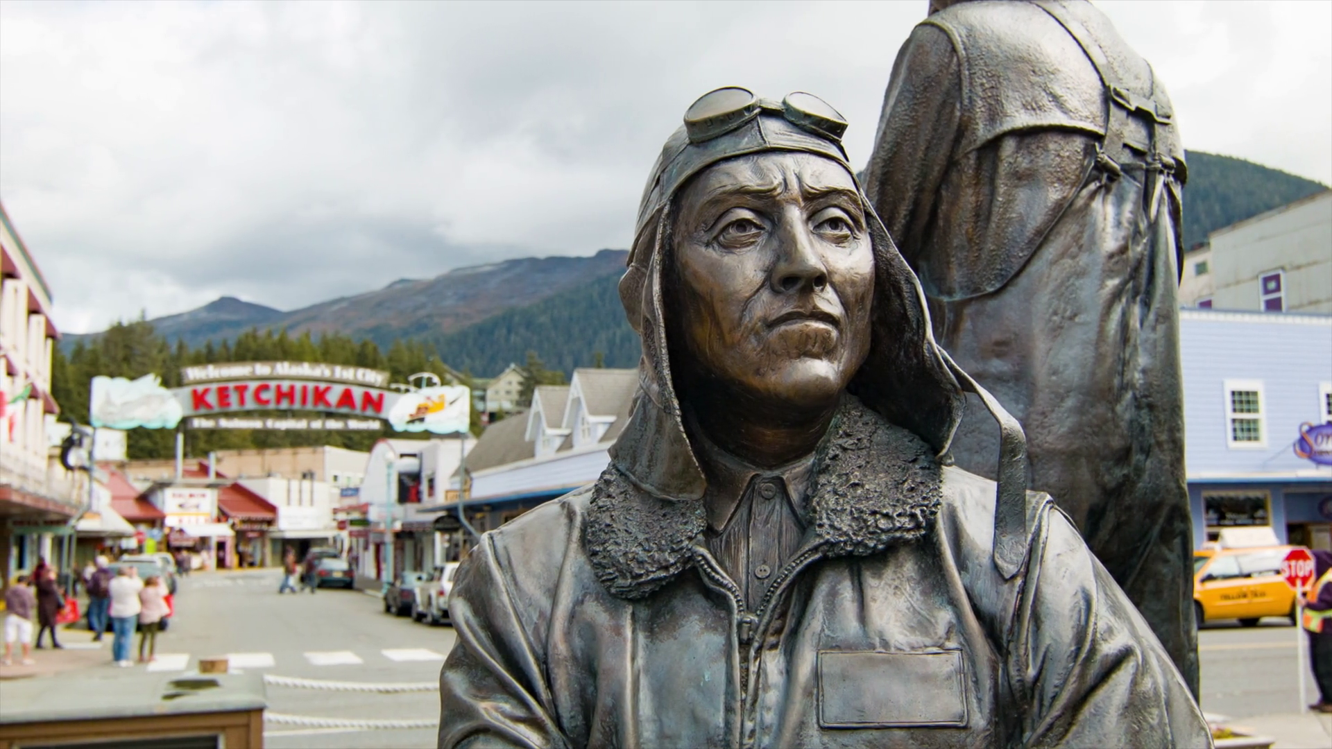 Ketchikan Alaska Historical Bronze Statue Close Up with Focus Pull ...