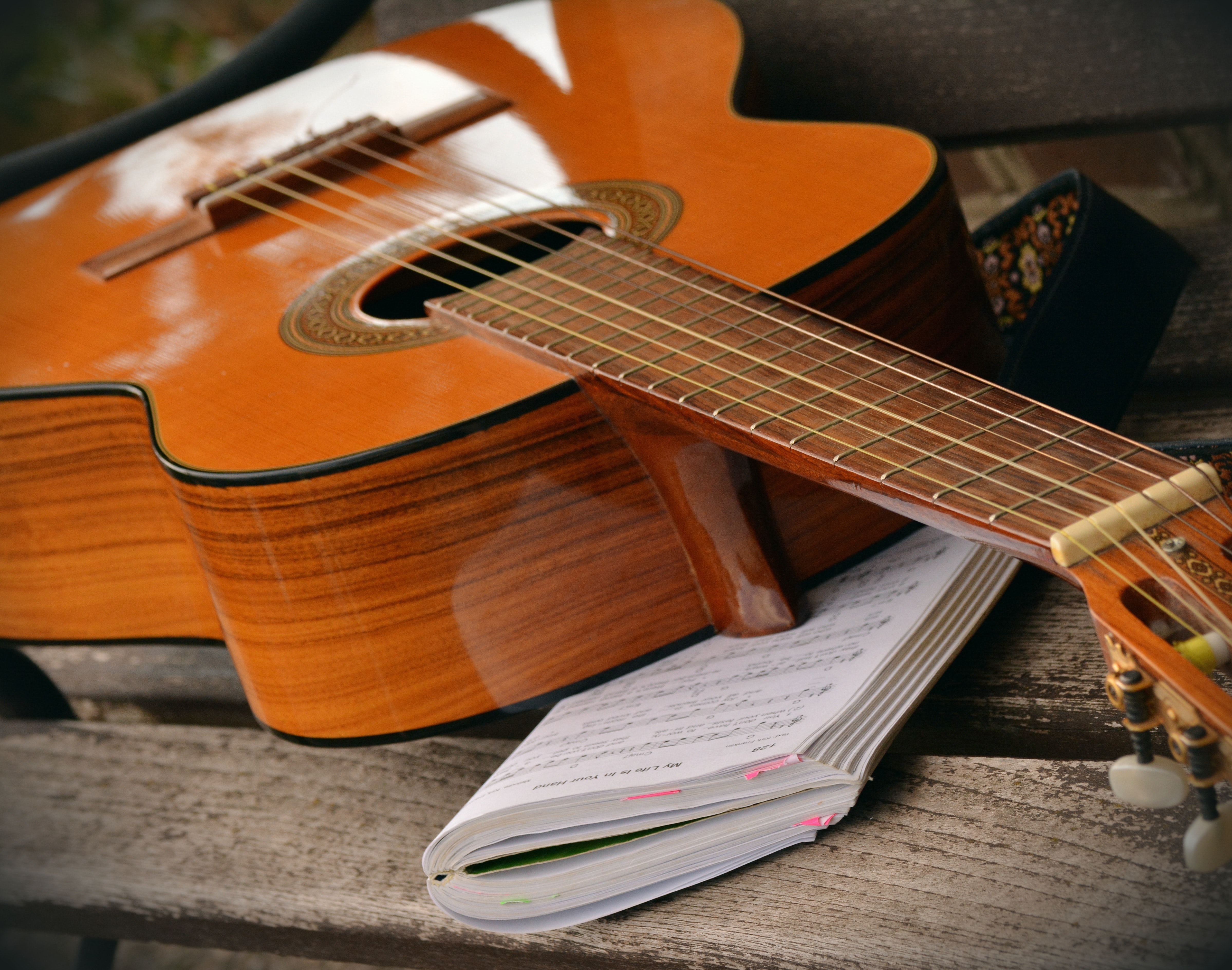 Brown Acoustic Guitar on White Music Note Book, Bench, Guitar, Musical instrument, String instrument, HQ Photo