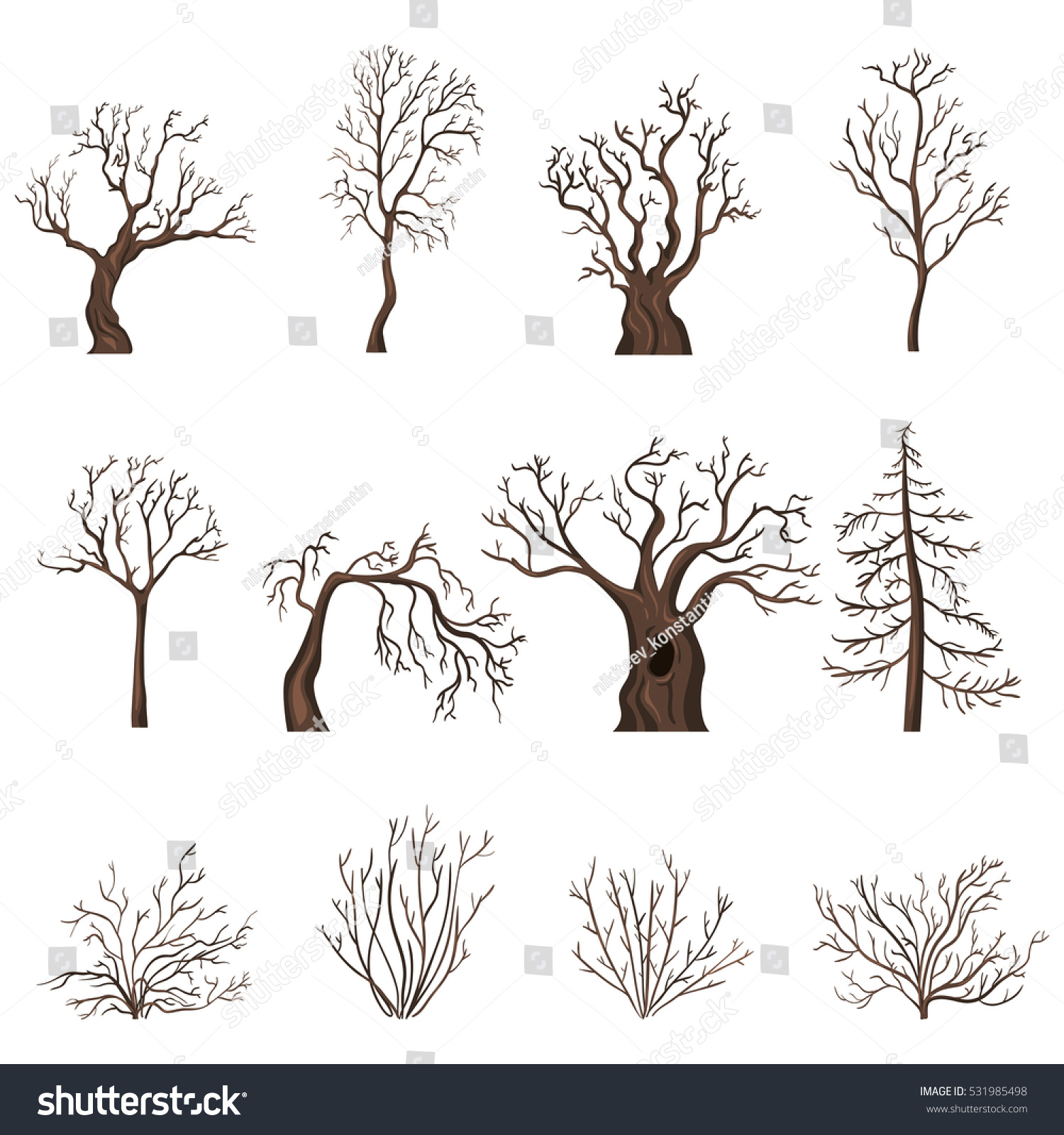 Vector Set Brown Cartoon Bare Trees Stock Photo (Photo, Vector ...