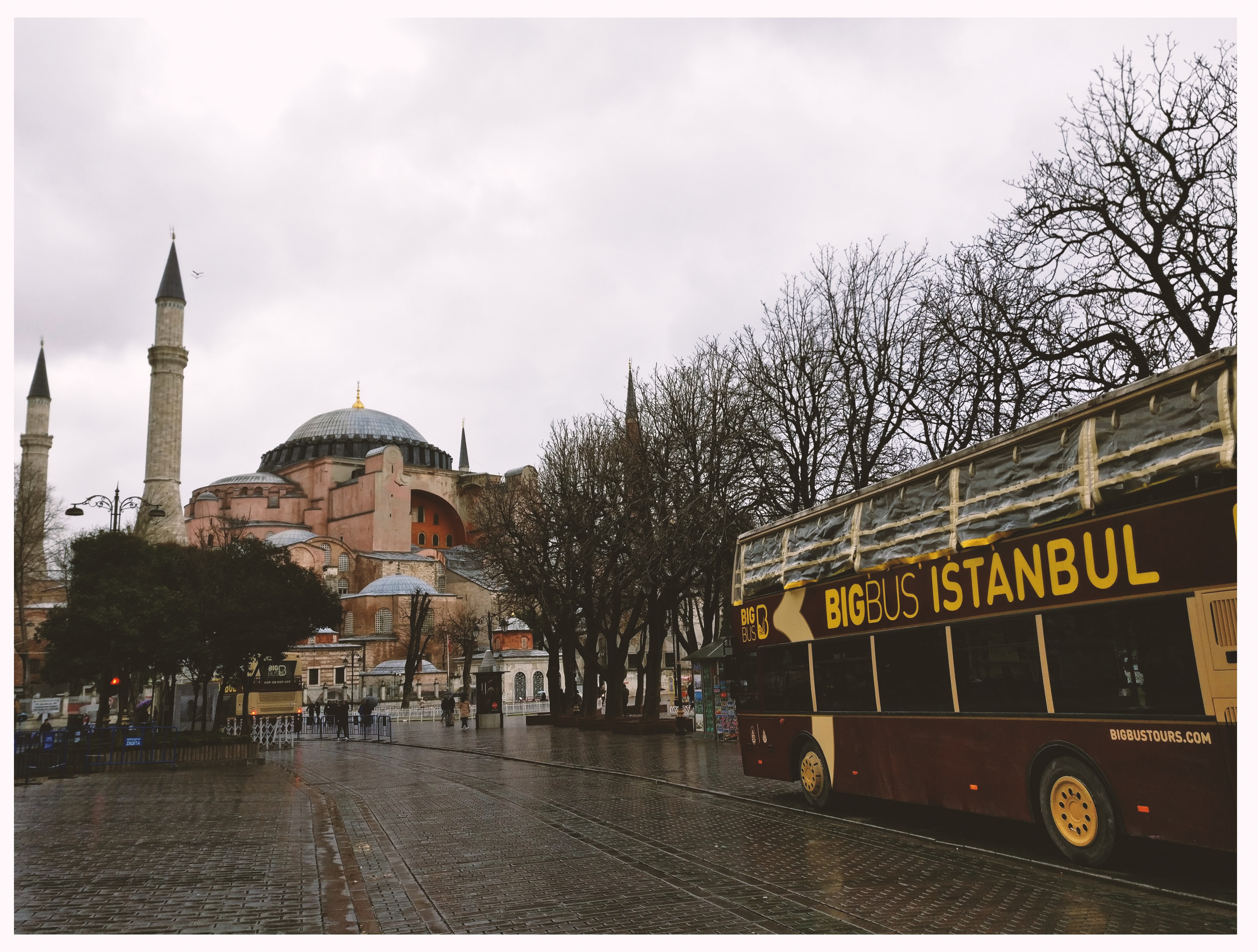 Brown Bigbus Istanbul Traveling on Road Near Brown Dome Building, After the rain, Sky, Urban, Trees, HQ Photo