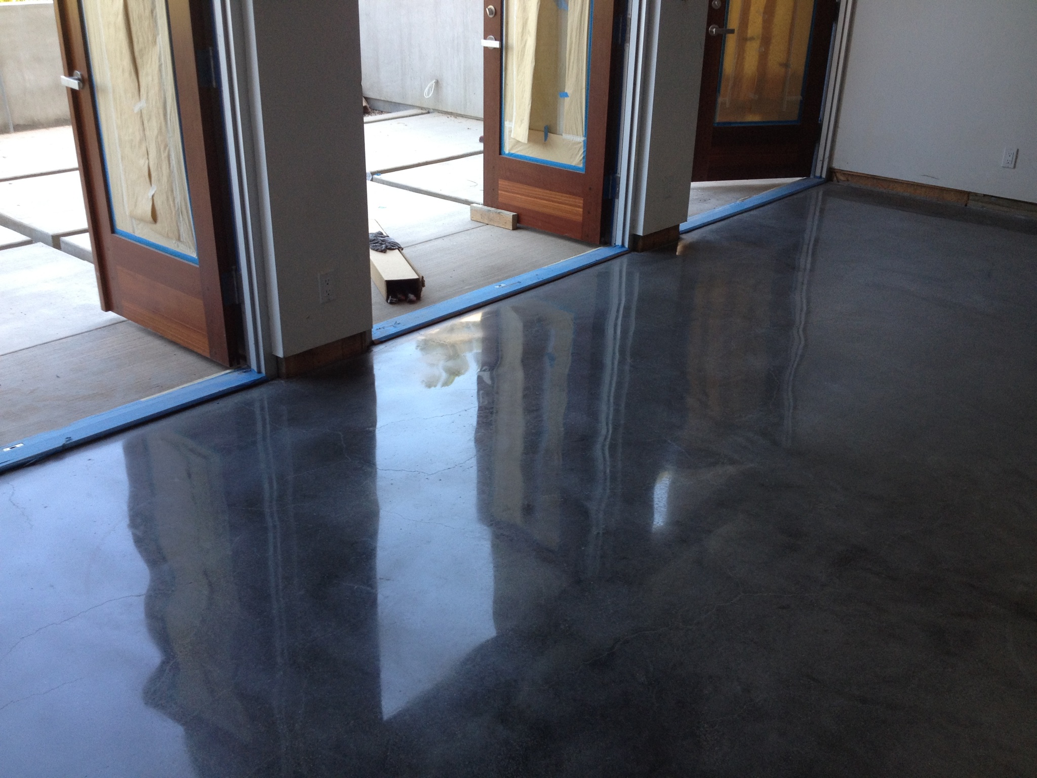Flooring: Polished Concrete Floors In Grey With Glass Door With Wood ...