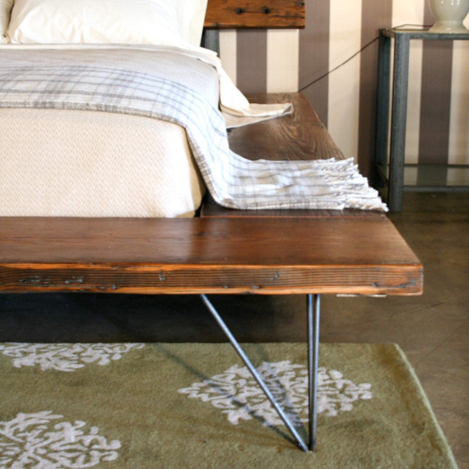 Brown Stained Wooden Bed Frame With Silver Polished Iron Legs Placed ...