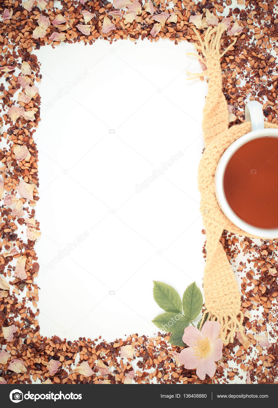 Vintage photo, Frame of dried wild rose petals and tea grains, cup ...