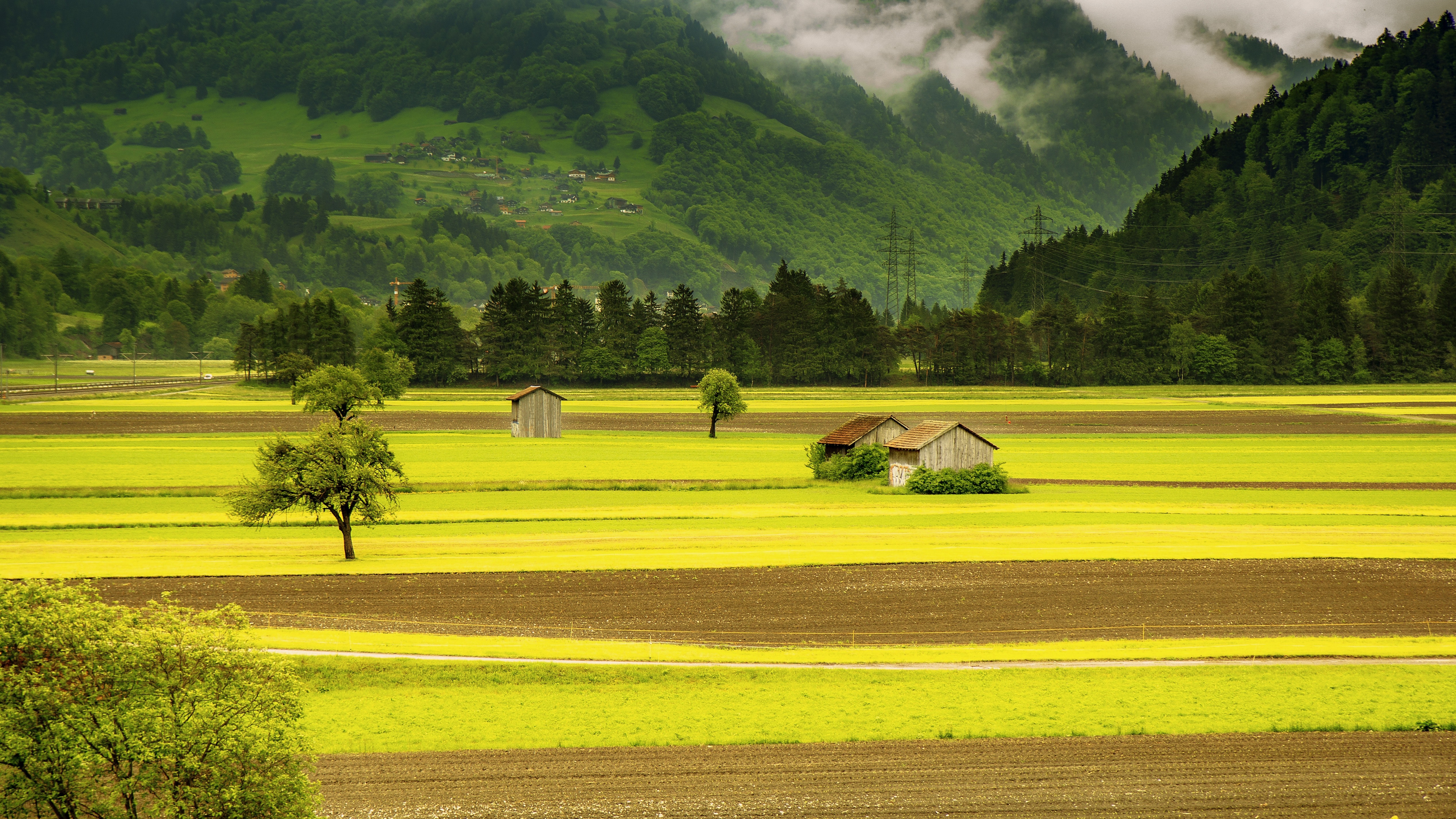 Brown house in the middle of green field grass near mountains photo